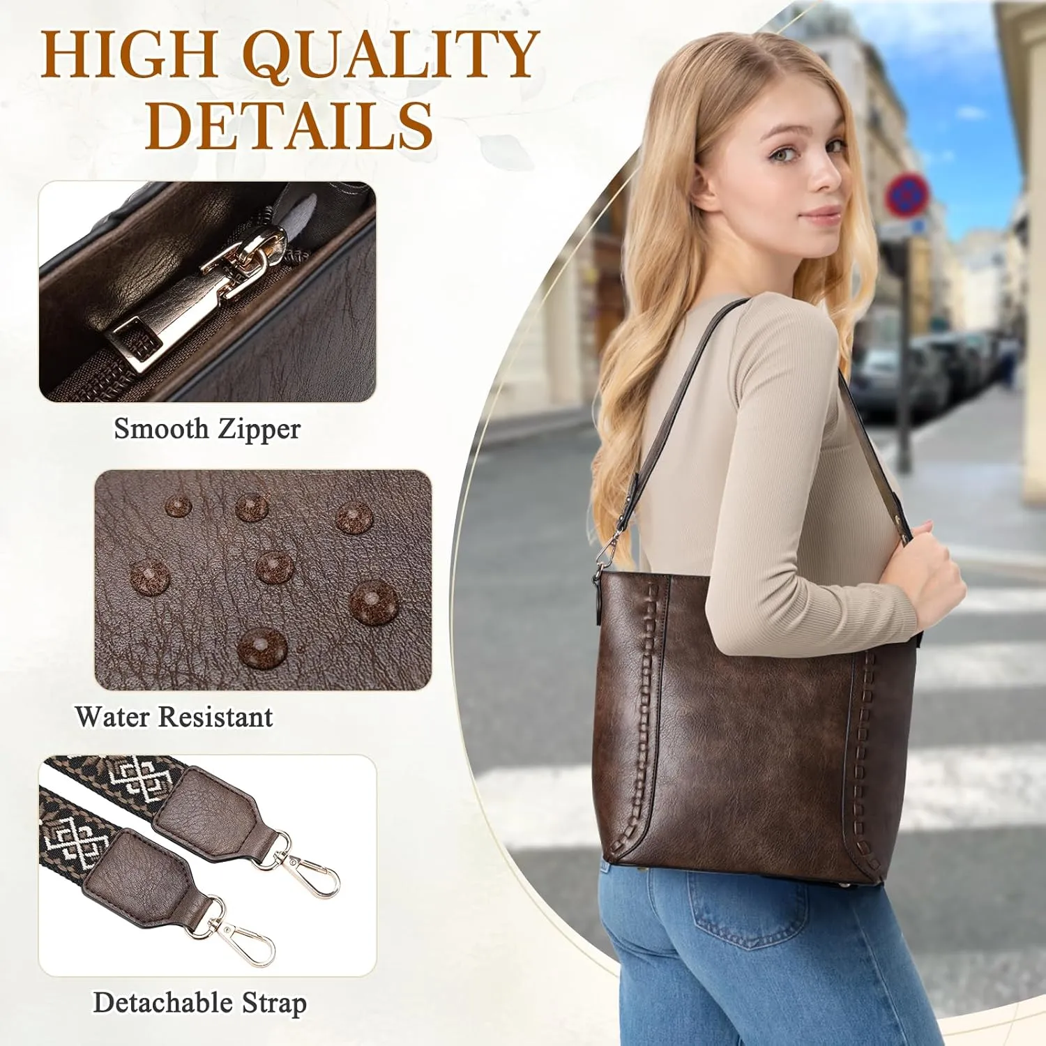 RAVUO Crossbody Bag for Women, Vegan Leather Bucket Handbag Shoulder Purse Trendy Lady Bag w Adjustable Guitar Strap