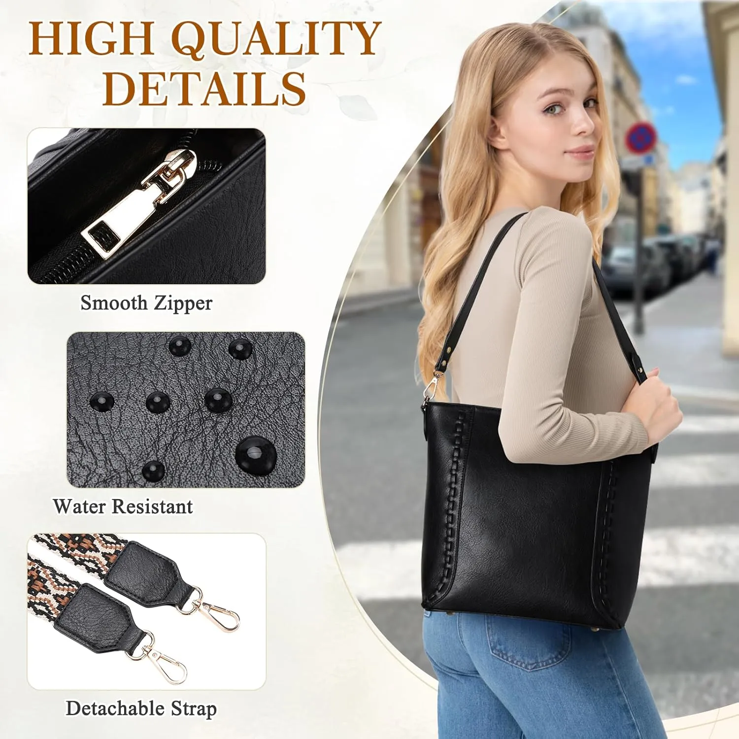 RAVUO Crossbody Bag for Women, Vegan Leather Bucket Handbag Shoulder Purse Trendy Lady Bag w Adjustable Guitar Strap