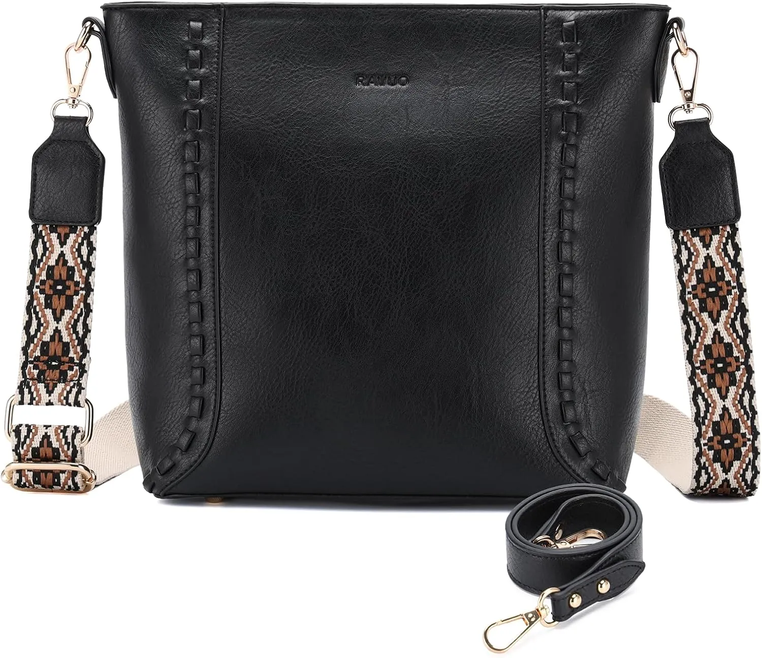 RAVUO Crossbody Bag for Women, Vegan Leather Bucket Handbag Shoulder Purse Trendy Lady Bag w Adjustable Guitar Strap