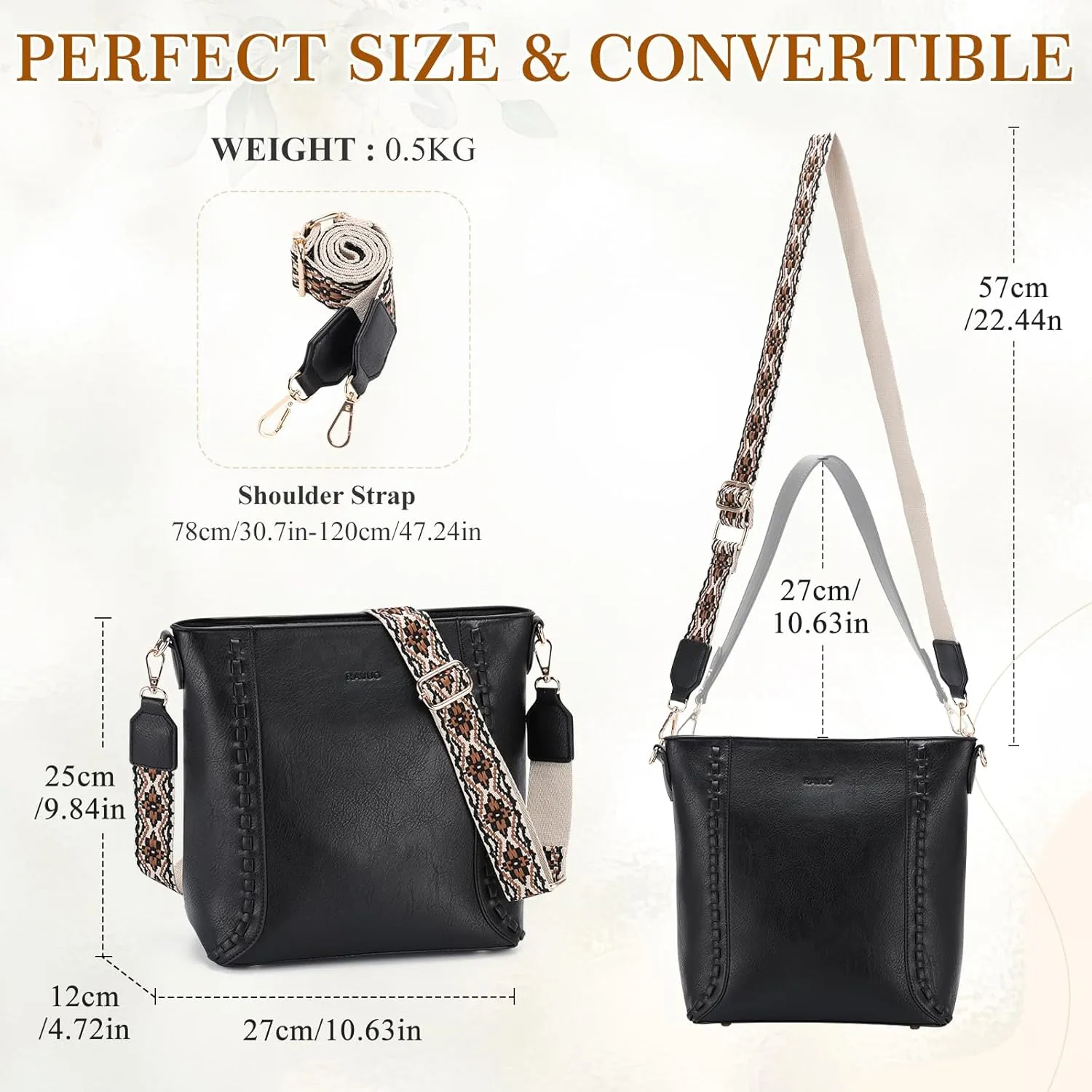 RAVUO Crossbody Bag for Women, Vegan Leather Bucket Handbag Shoulder Purse Trendy Lady Bag w Adjustable Guitar Strap