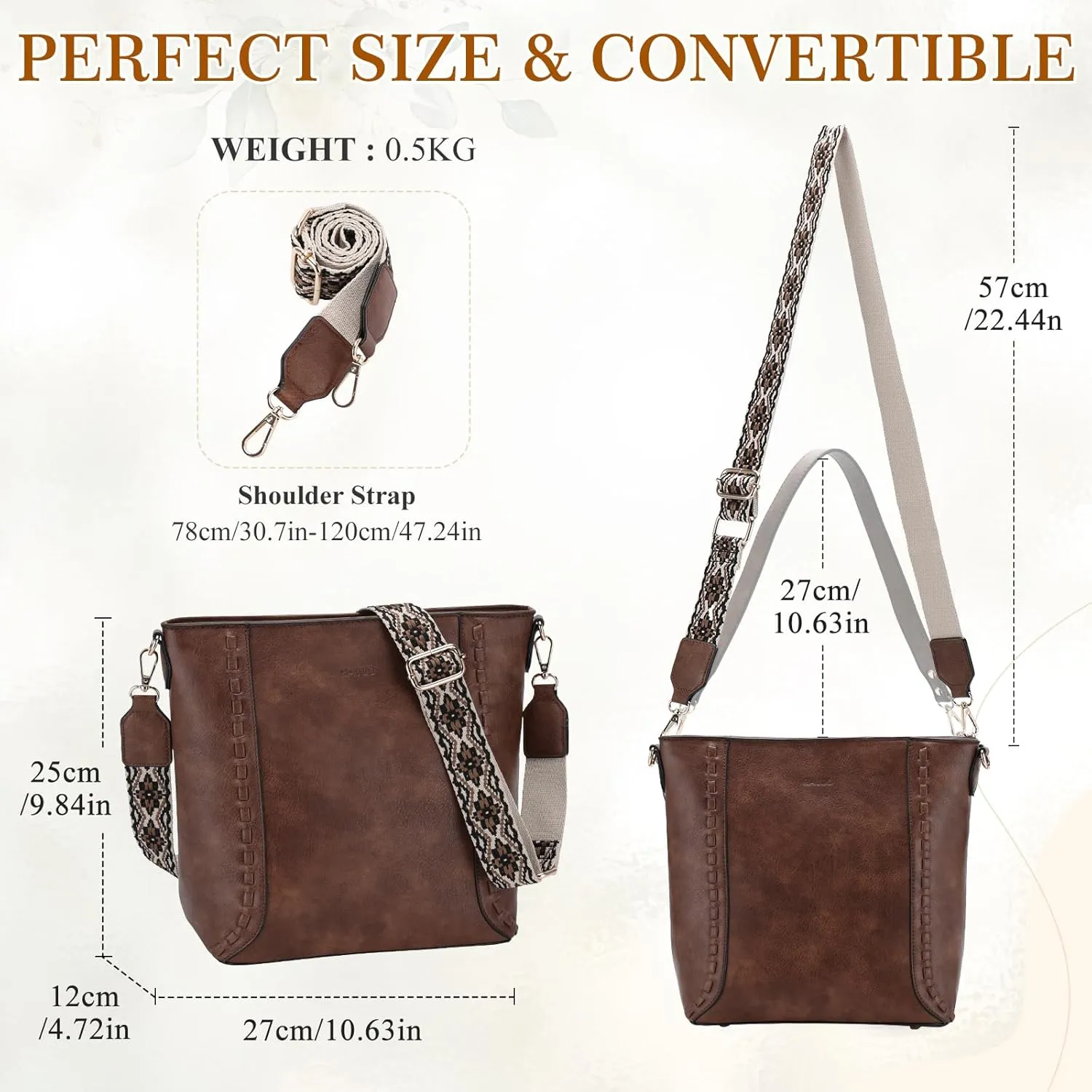 RAVUO Crossbody Bag for Women, Vegan Leather Bucket Handbag Shoulder Purse Trendy Lady Bag w Adjustable Guitar Strap