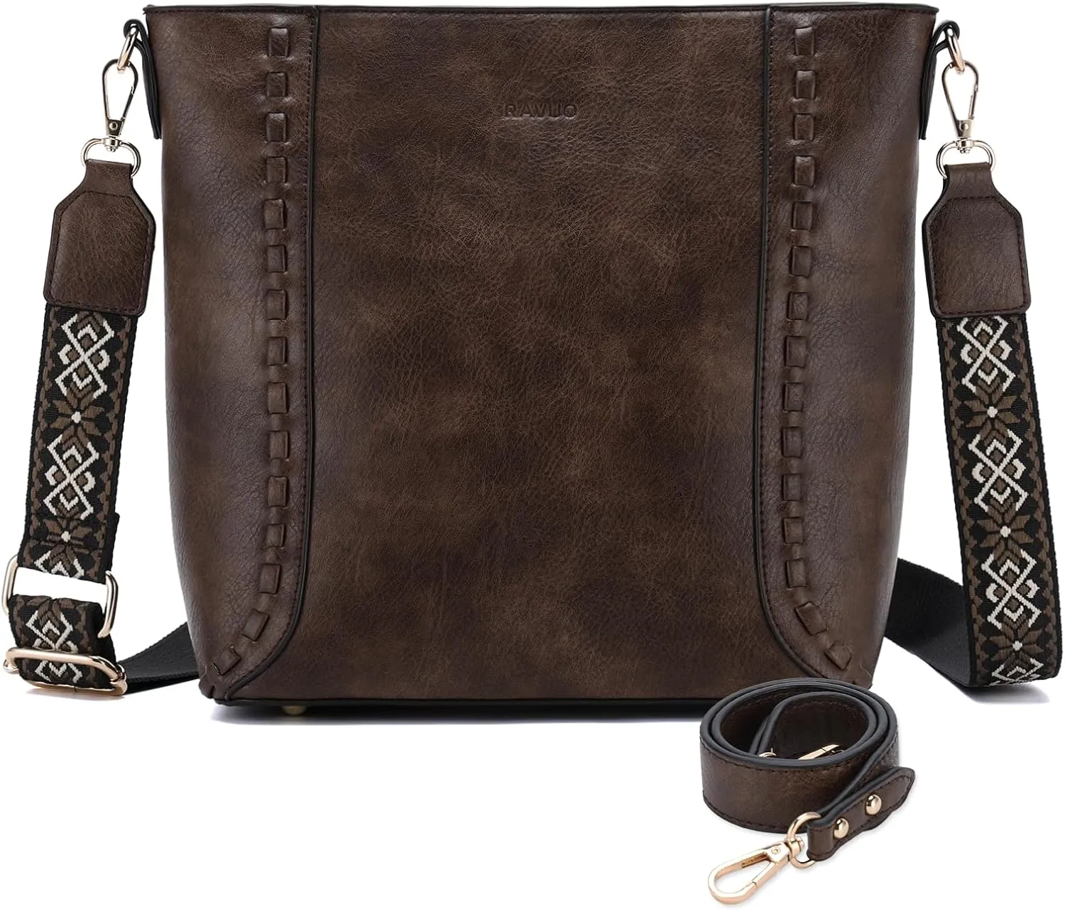 RAVUO Crossbody Bag for Women, Vegan Leather Bucket Handbag Shoulder Purse Trendy Lady Bag w Adjustable Guitar Strap