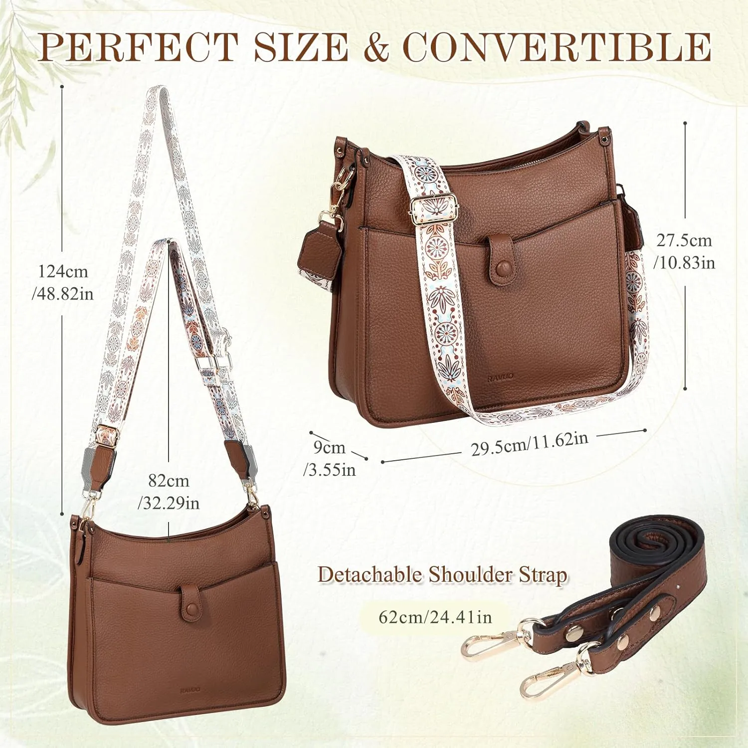 RAVUO Hobo Shoulder Bags for Women,Trendy Vegan Leather Crossbody Purses and Handbag with 2pcs Detachable Strap
