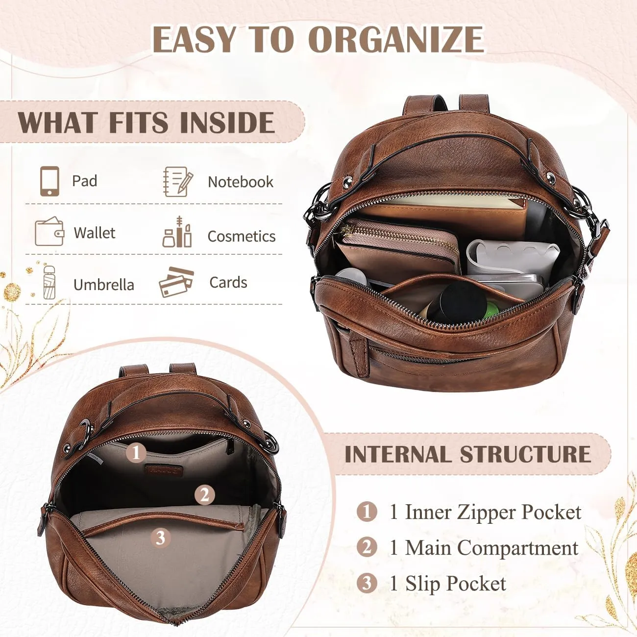 RAVUO Mini Backpack Purse for Women, Cute Convertible Leather Handbag Multipurpose Shoulder Bags Travel Daypack 3 Ways to Carry,Brown