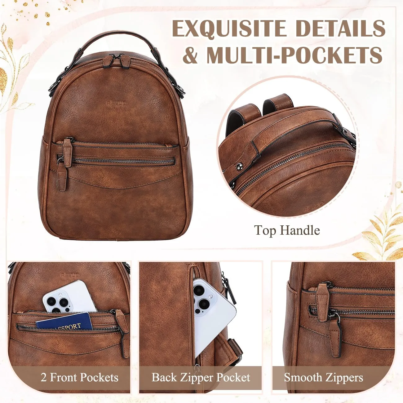 RAVUO Mini Backpack Purse for Women, Cute Convertible Leather Handbag Multipurpose Shoulder Bags Travel Daypack 3 Ways to Carry,Brown