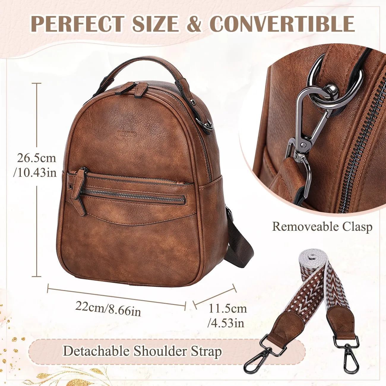 RAVUO Mini Backpack Purse for Women, Cute Convertible Leather Handbag Multipurpose Shoulder Bags Travel Daypack 3 Ways to Carry,Brown