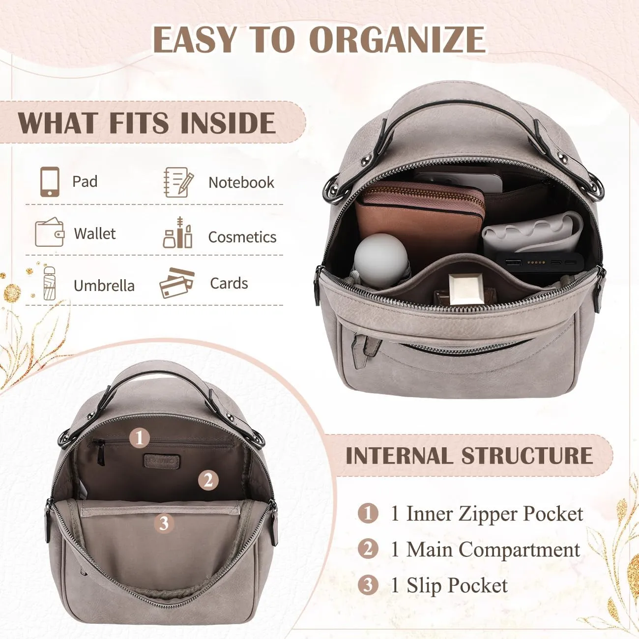 RAVUO Mini Backpack Purse for Women, Cute Convertible Leather Handbag Multipurpose Shoulder Bags Travel Daypack 3 Ways to Carry,Grey