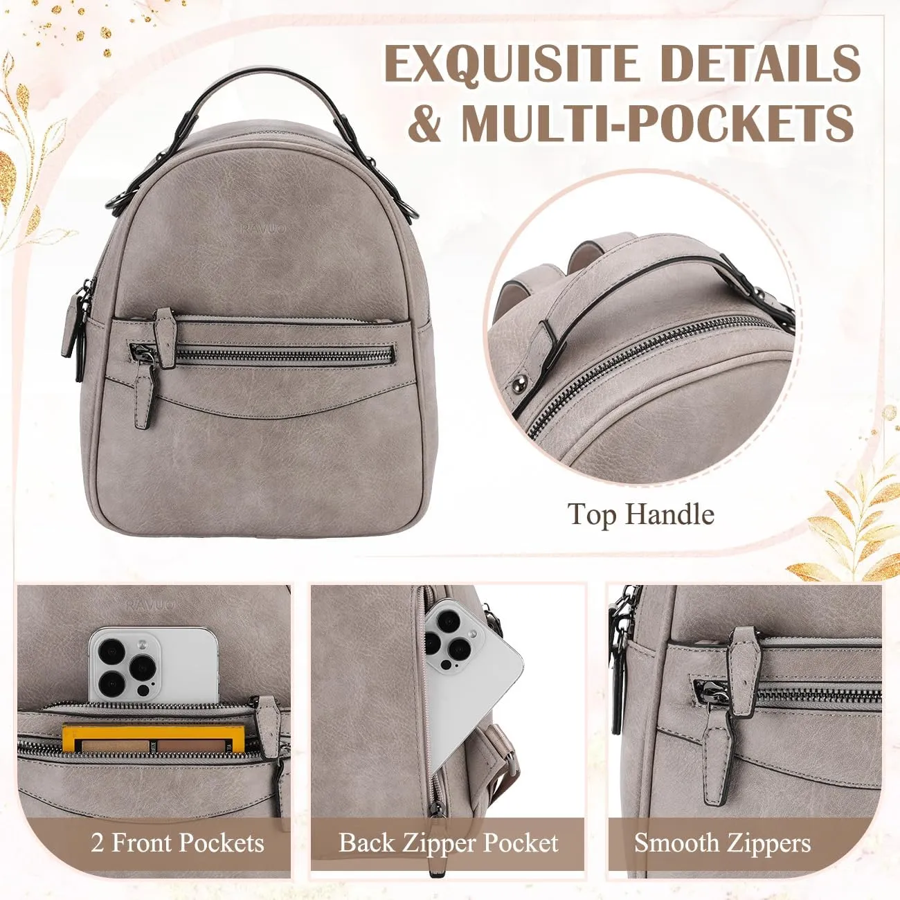 RAVUO Mini Backpack Purse for Women, Cute Convertible Leather Handbag Multipurpose Shoulder Bags Travel Daypack 3 Ways to Carry,Grey