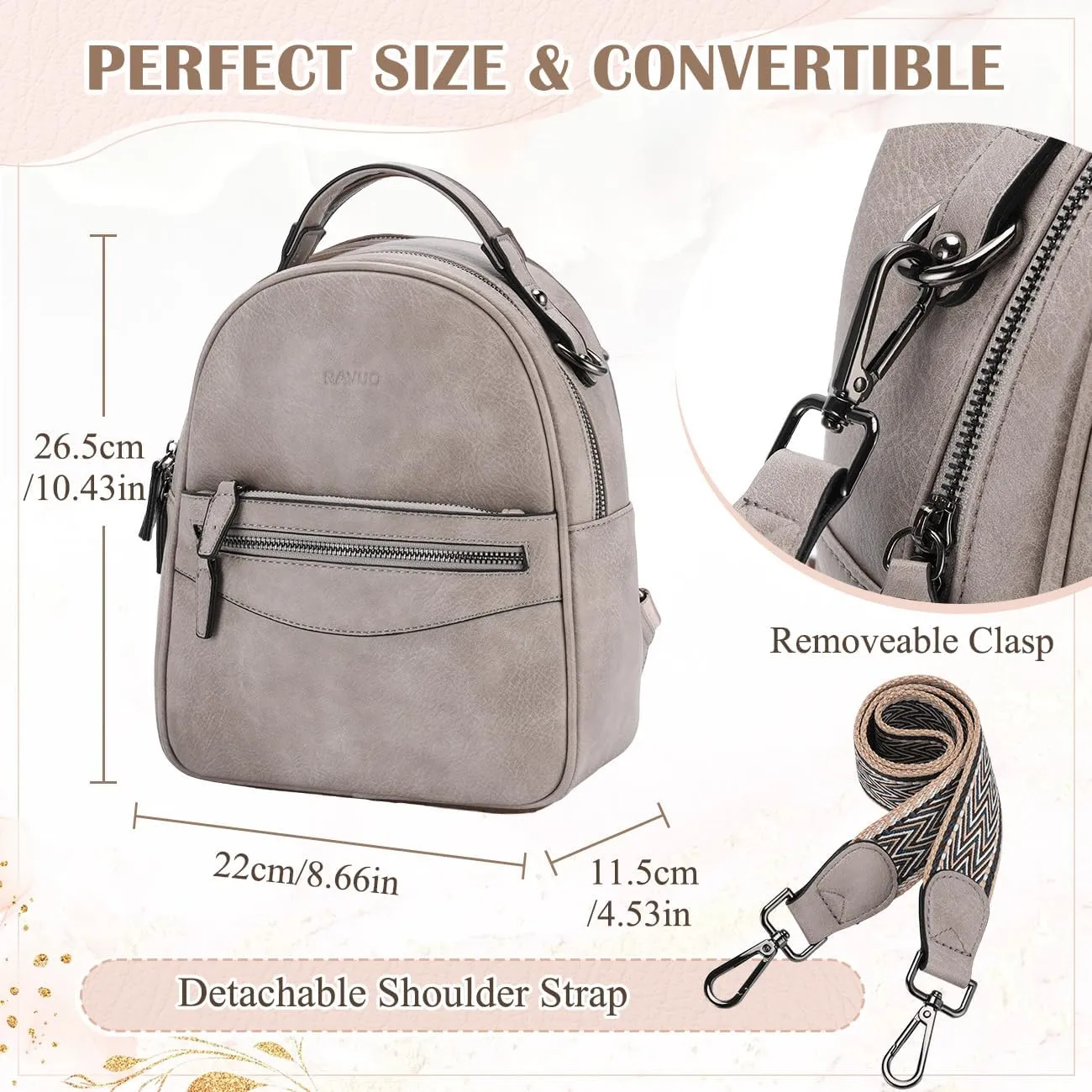 RAVUO Mini Backpack Purse for Women, Cute Convertible Leather Handbag Multipurpose Shoulder Bags Travel Daypack 3 Ways to Carry,Grey