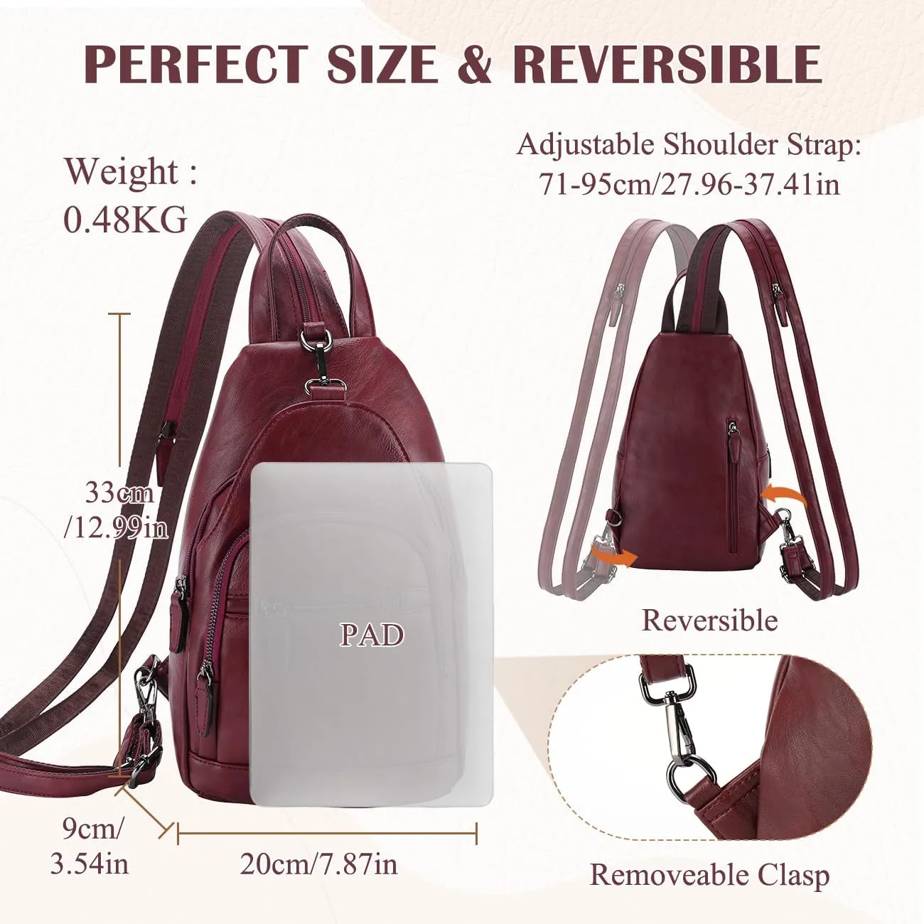 RAVUO Sling Bag for Women, Anti Theft Small Crossbody Backpack Purse Fashion PU Leather Ladies Convertible Daypack