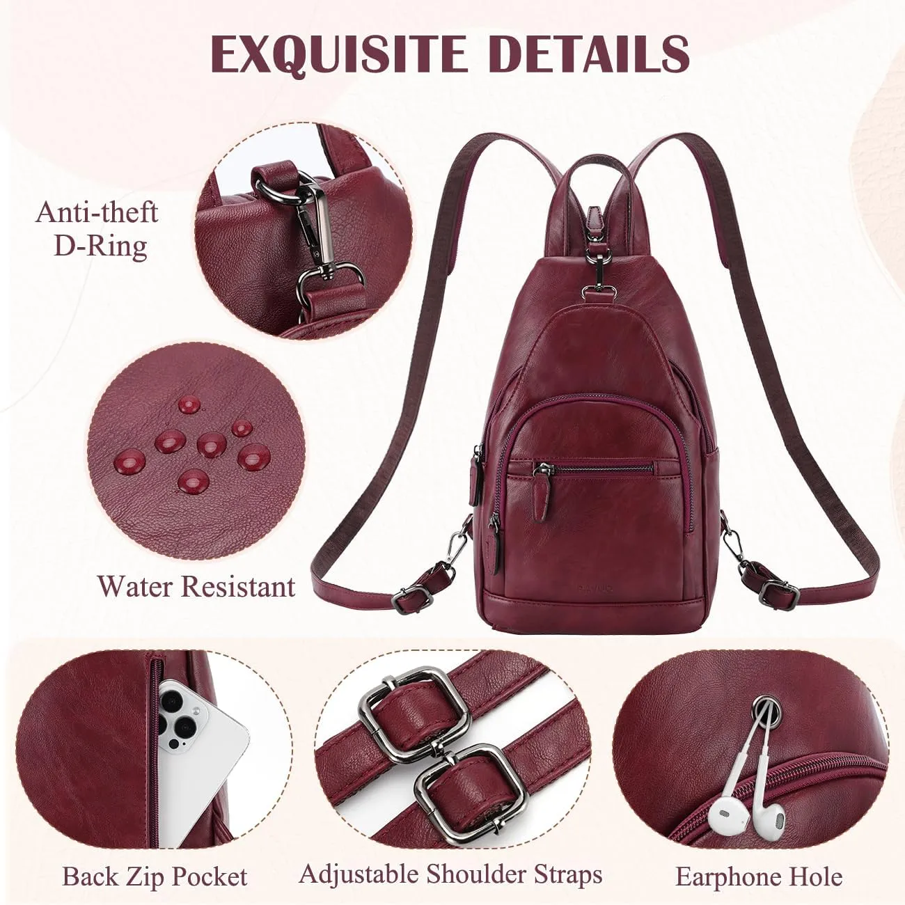 RAVUO Sling Bag for Women, Anti Theft Small Crossbody Backpack Purse Fashion PU Leather Ladies Convertible Daypack