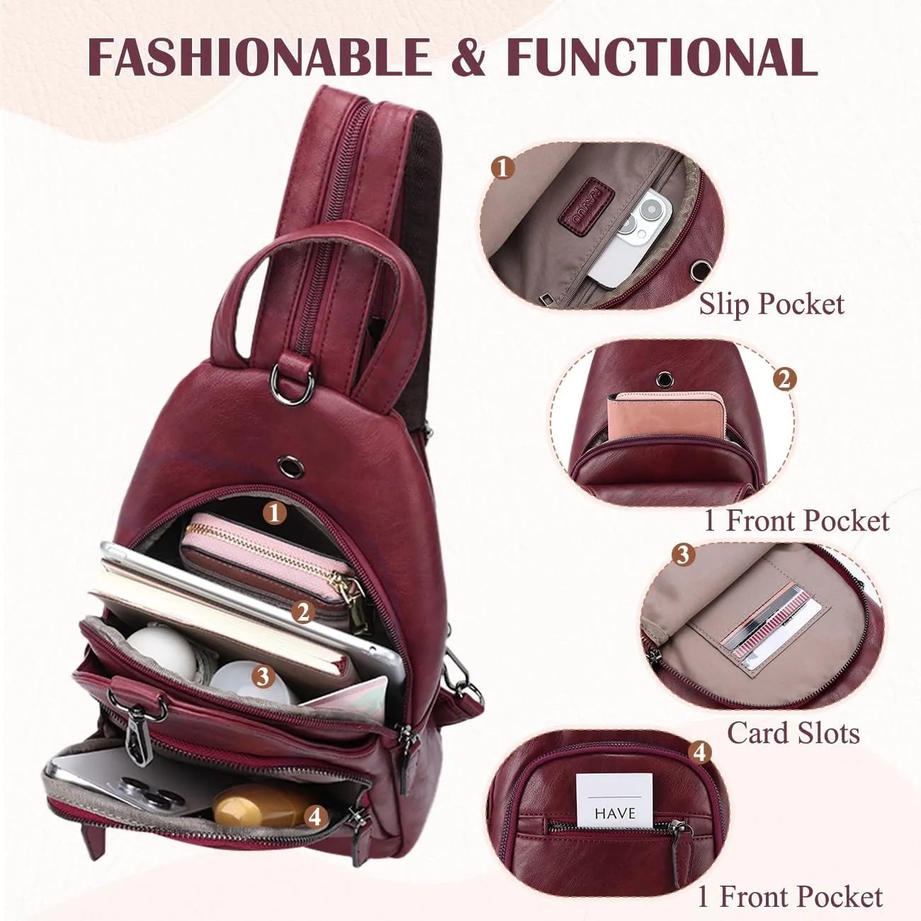RAVUO Sling Bag for Women, Anti Theft Small Crossbody Backpack Purse Fashion PU Leather Ladies Convertible Daypack