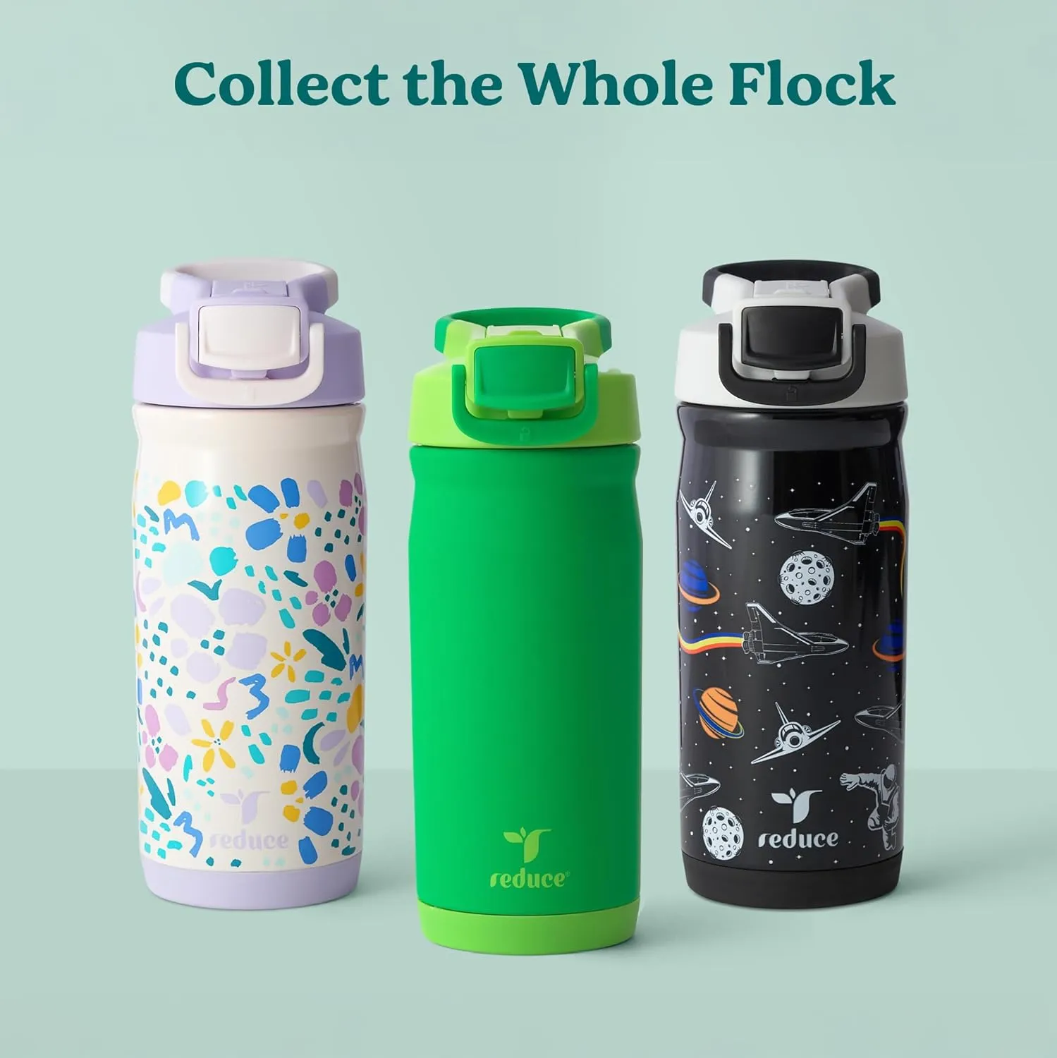 REDUCE 14 oz Hydrate Pro Stainless Steel Insulated Water Bottle - Flip Top Leak-Proof Lid,Dishwasher Safe,BPA-Free, Dual Wall Vacuum, Keeps Drinks Cold for 48 Hrs, Cup Holder Friendly - Jurassic Space