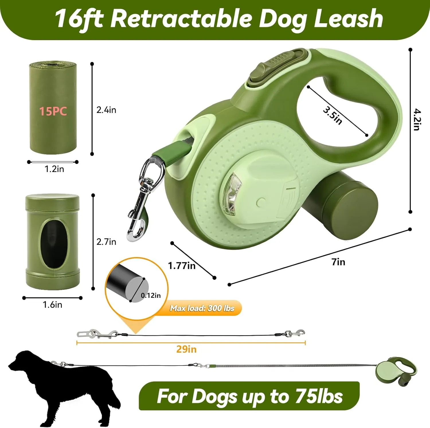 Retractable Dog Leash for Small Dogs-Medium Pet, 16ft for Dog up to 80lbs, with Chew Proof Cable, LED Light, Dispenser, Poop Bags, 360° No Tangle, One-Handed Brake & Lock. (Green, 16ft)