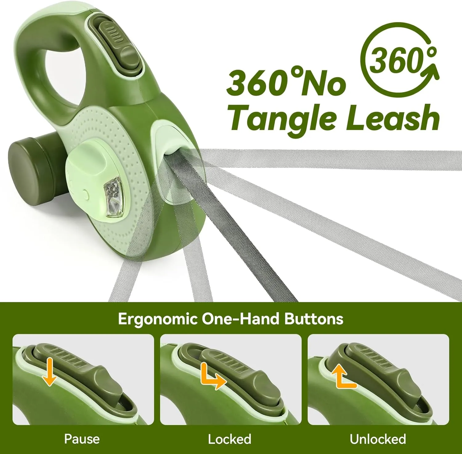 Retractable Dog Leash for Small Dogs-Medium Pet, 16ft for Dog up to 80lbs, with Chew Proof Cable, LED Light, Dispenser, Poop Bags, 360° No Tangle, One-Handed Brake & Lock. (Green, 16ft)