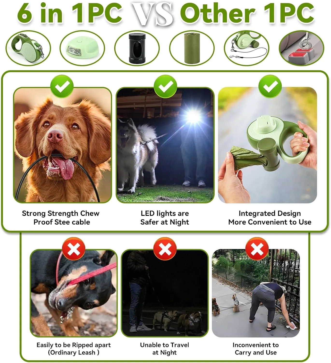 Retractable Dog Leash for Small Dogs-Medium Pet, 16ft for Dog up to 80lbs, with Chew Proof Cable, LED Light, Dispenser, Poop Bags, 360° No Tangle, One-Handed Brake & Lock. (Green, 16ft)