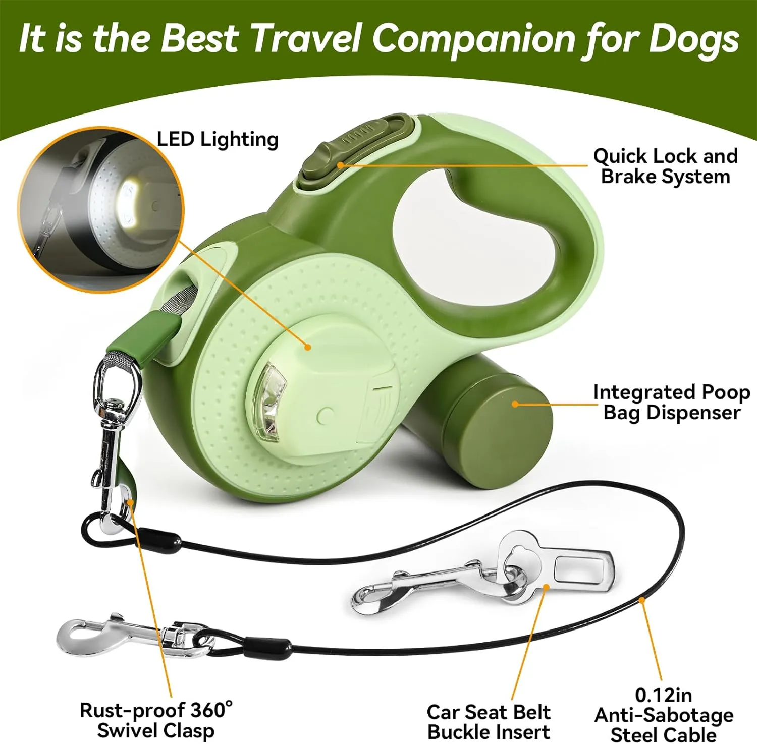 Retractable Dog Leash for Small Dogs-Medium Pet, 16ft for Dog up to 80lbs, with Chew Proof Cable, LED Light, Dispenser, Poop Bags, 360° No Tangle, One-Handed Brake & Lock. (Green, 16ft)