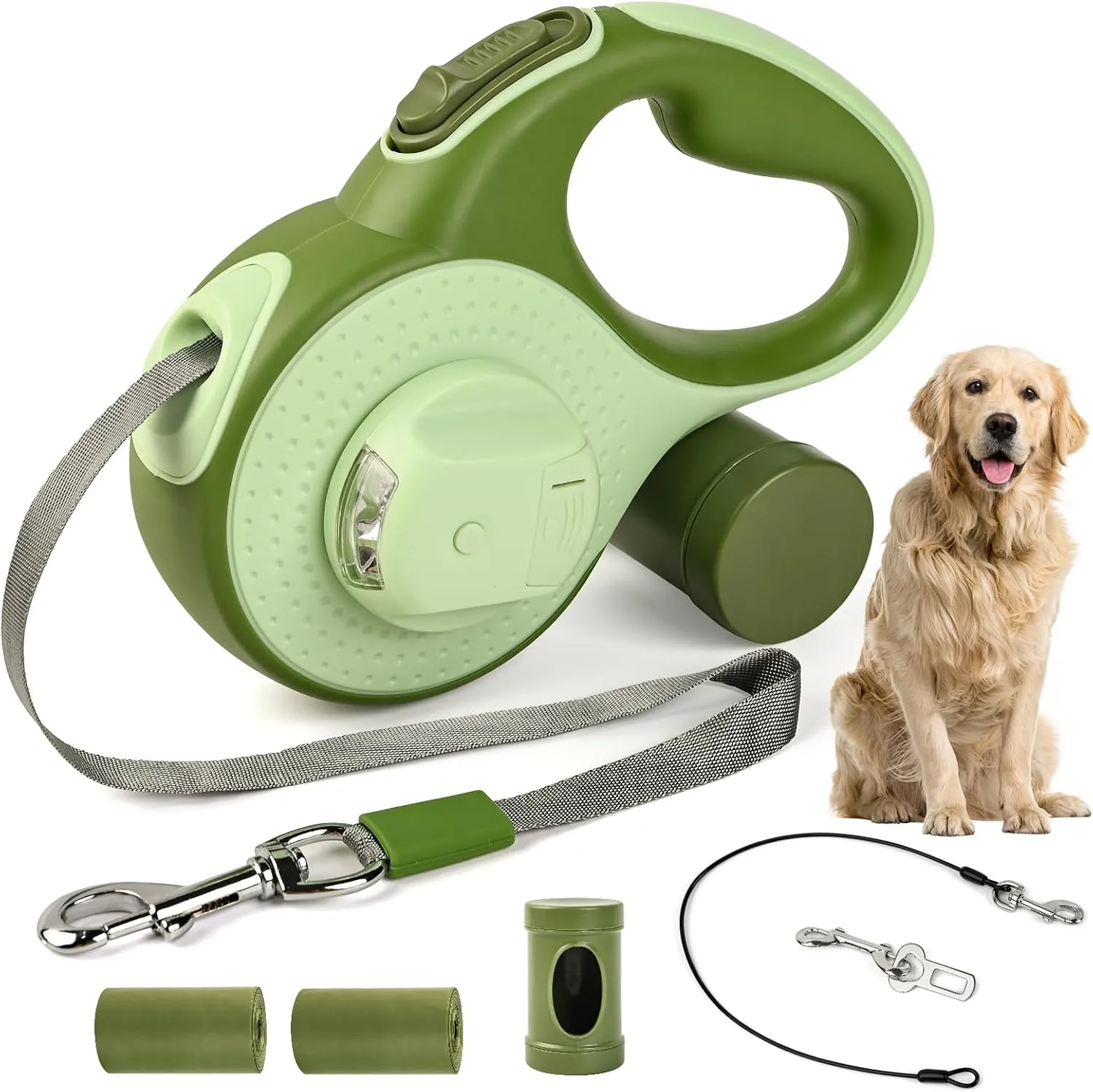 Retractable Dog Leash for Small Dogs-Medium Pet, 16ft for Dog up to 80lbs, with Chew Proof Cable, LED Light, Dispenser, Poop Bags, 360° No Tangle, One-Handed Brake & Lock. (Green, 16ft)