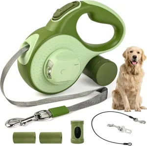Retractable Dog Leash for Small Dogs-Medium Pet, 16ft for Dog up to 80lbs, with Chew Proof Cable, LED Light, Dispenser, Poop Bags, 360° No Tangle, One-Handed Brake & Lock. (Green, 16ft)