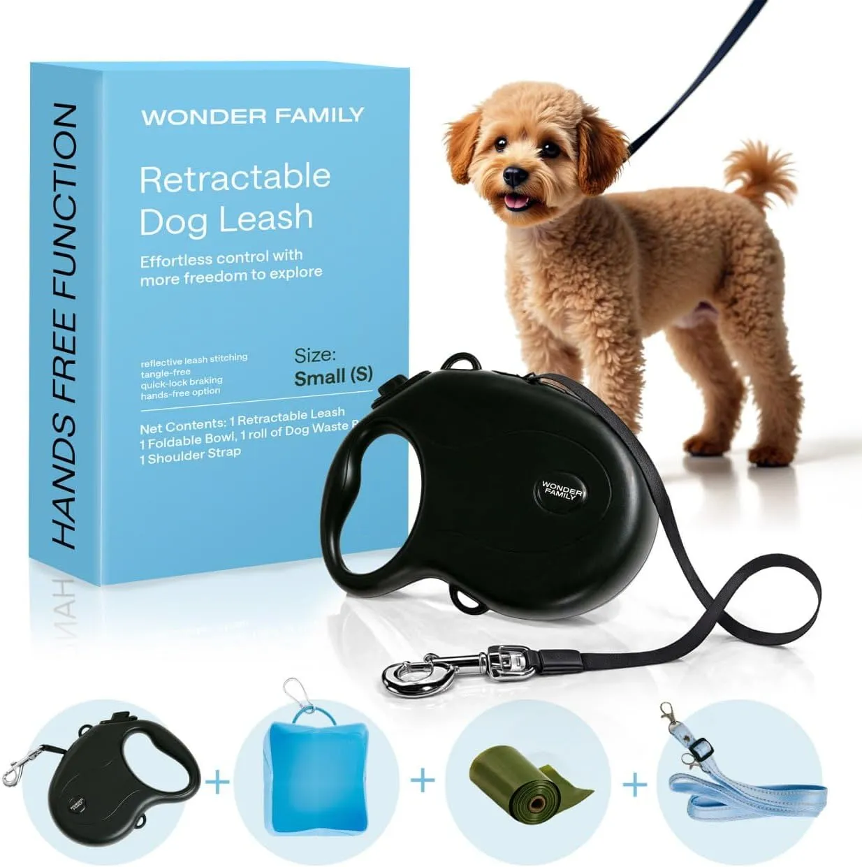 Retractable Dog Leash for Small Dogs up to 33 lbs - 10 Ft, Tangle Free Pet Walking Leash, One-Handed Brake, Pause, Lock - Heavy Duty Reflective Pet Lead with Shoulder Strap, Foldable Bowl, Poop Bags