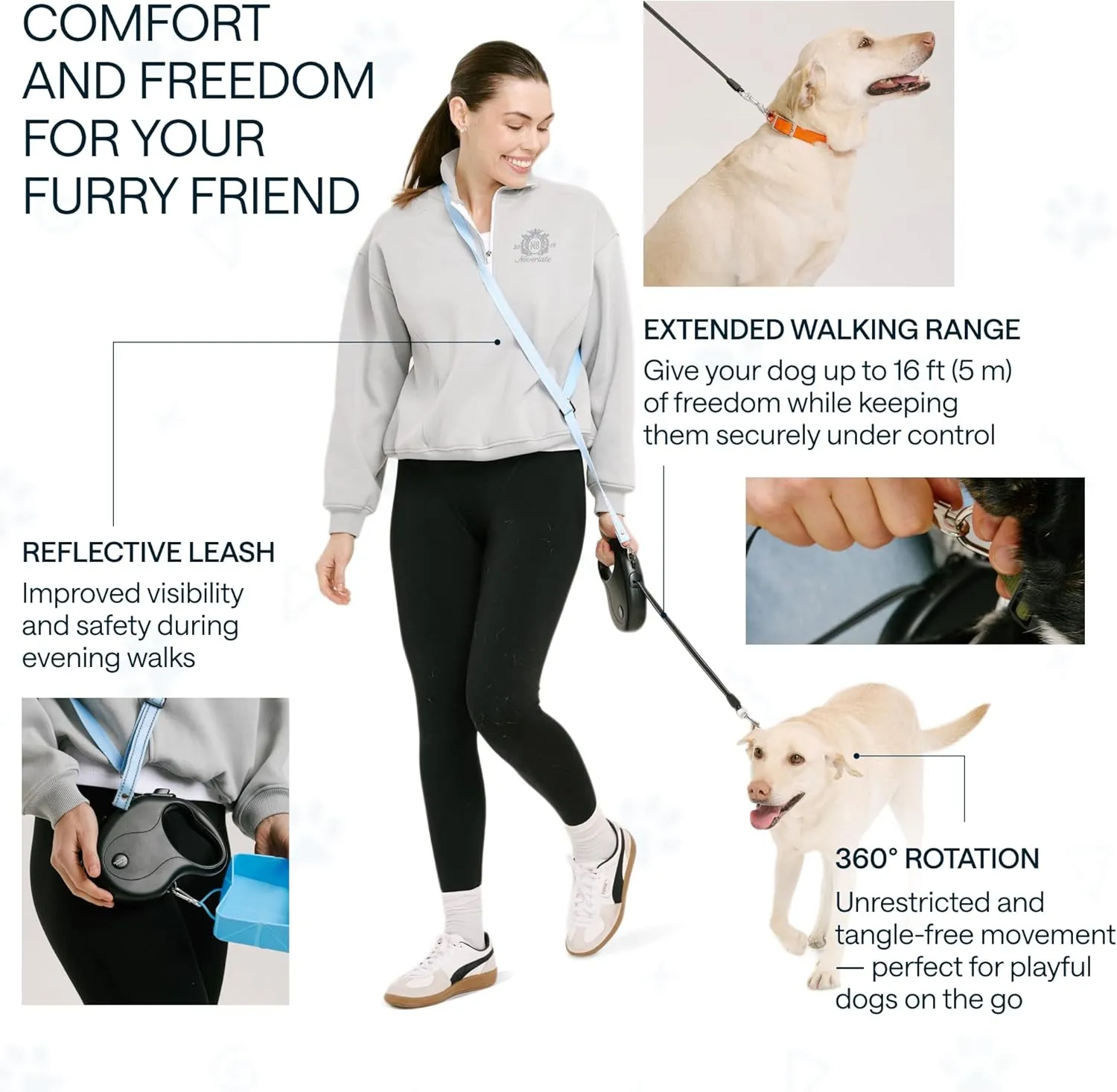 Retractable Dog Leash for Small Dogs up to 33 lbs - 10 Ft, Tangle Free Pet Walking Leash, One-Handed Brake, Pause, Lock - Heavy Duty Reflective Pet Lead with Shoulder Strap, Foldable Bowl, Poop Bags
