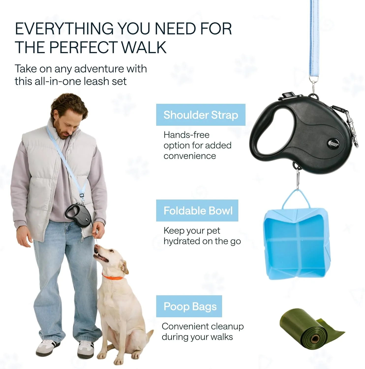 Retractable Dog Leash for Small Dogs up to 33 lbs - 10 Ft, Tangle Free Pet Walking Leash, One-Handed Brake, Pause, Lock - Heavy Duty Reflective Pet Lead with Shoulder Strap, Foldable Bowl, Poop Bags