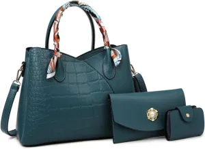 Retro Tote Bag for Women 3pcs Handbag Purse Set Leather Crossbody Shoulder Bags Purse with Cards Bag Wallet (Green)