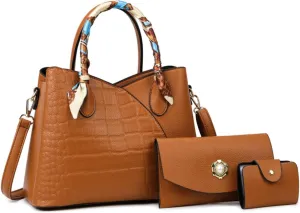 Retro Tote Bag for Women 3pcs Handbag Purse Set Leather Crossbody Shoulder Bags Purse with Cards Bag Wallet (Green)