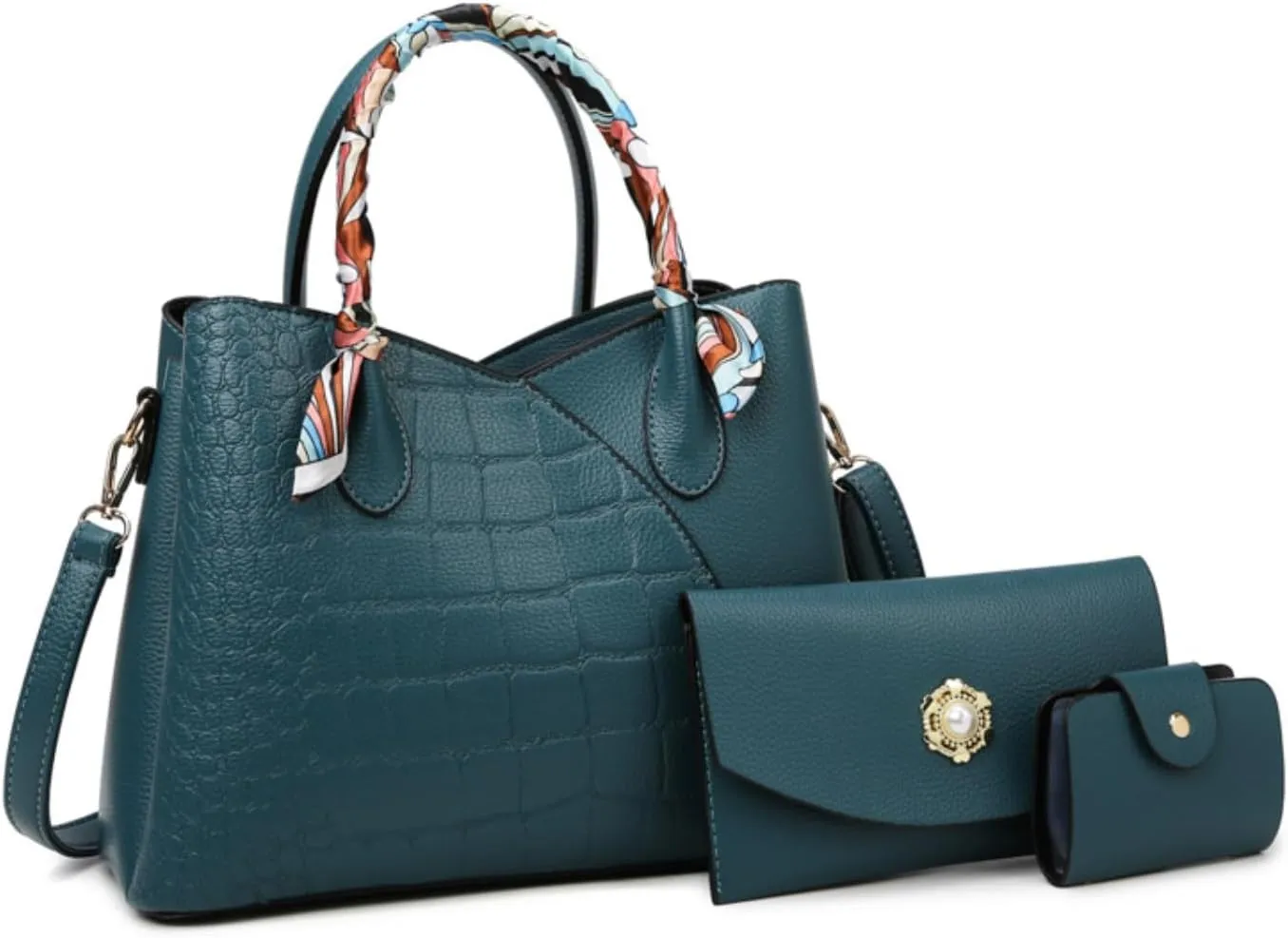 Retro Tote Bag for Women 3pcs Handbag Purse Set Leather Crossbody Shoulder Bags Purse with Cards Bag Wallet (Green)