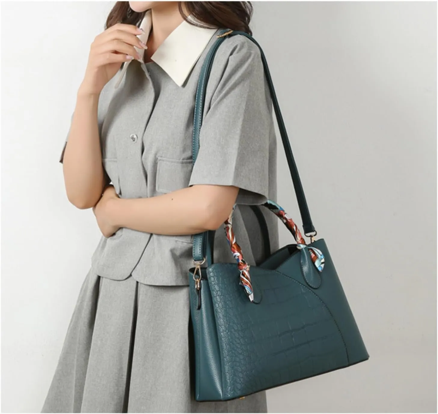 Retro Tote Bag for Women 3pcs Handbag Purse Set Leather Crossbody Shoulder Bags Purse with Cards Bag Wallet (Green)