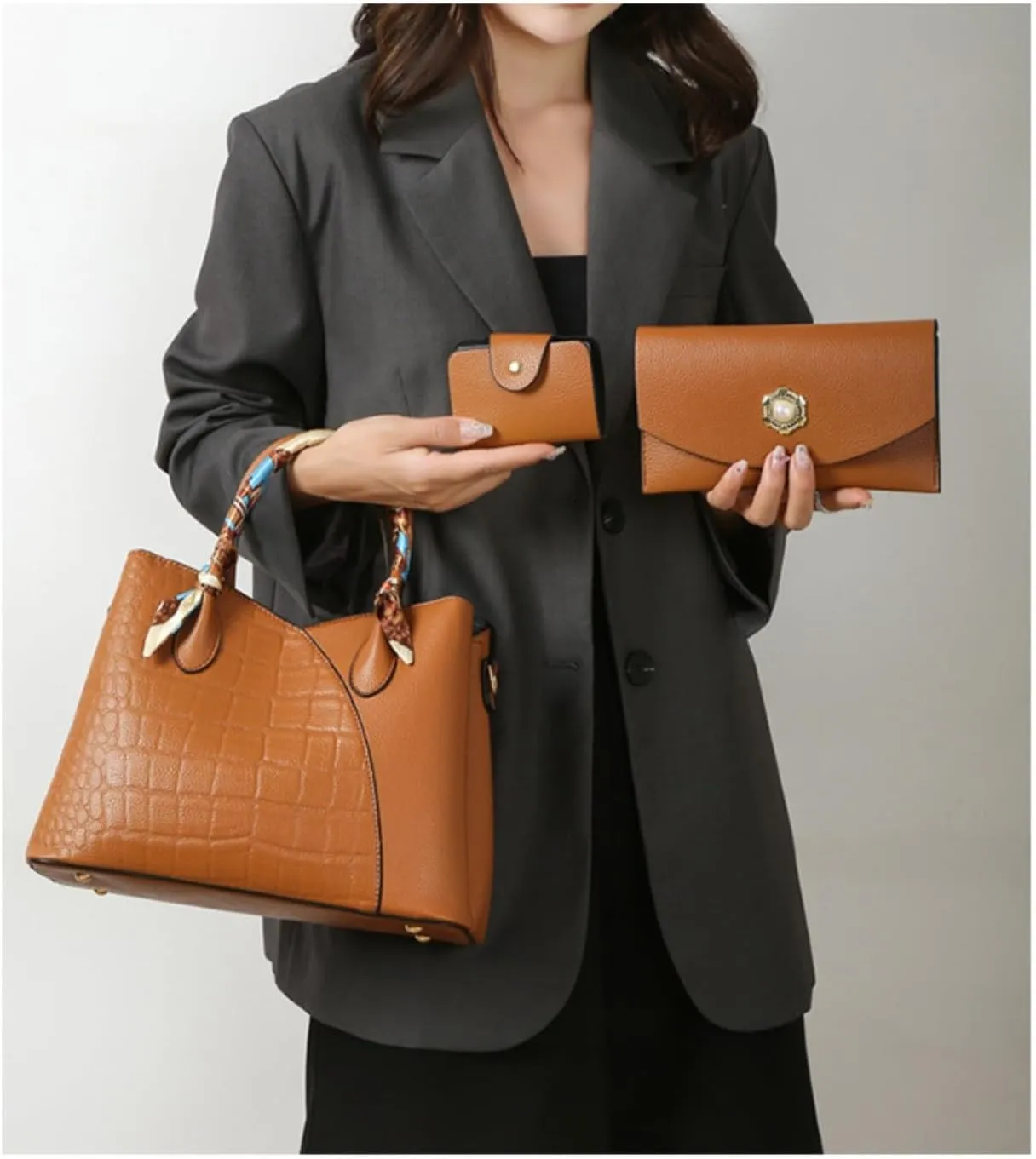 Retro Tote Bag for Women 3pcs Handbag Purse Set Leather Crossbody Shoulder Bags Purse with Cards Bag Wallet (Green)