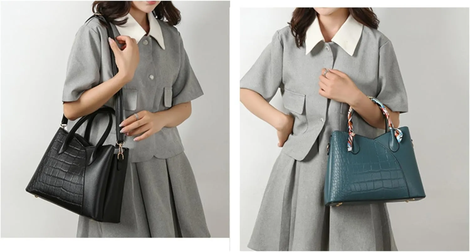Retro Tote Bag for Women 3pcs Handbag Purse Set Leather Crossbody Shoulder Bags Purse with Cards Bag Wallet (Green)