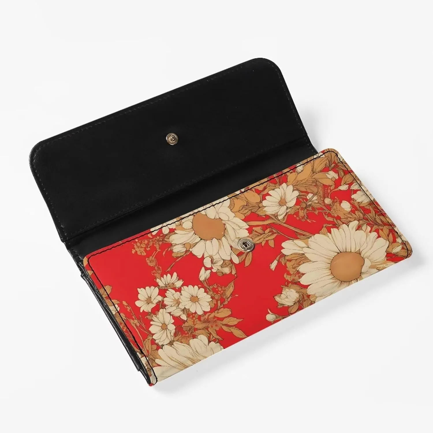Retro White Daisy Wallet for Women Snap Closure Red Long Trifold Handbag, Countryside Style Painting Flower PU Leather Clutch Wallets with Card holders