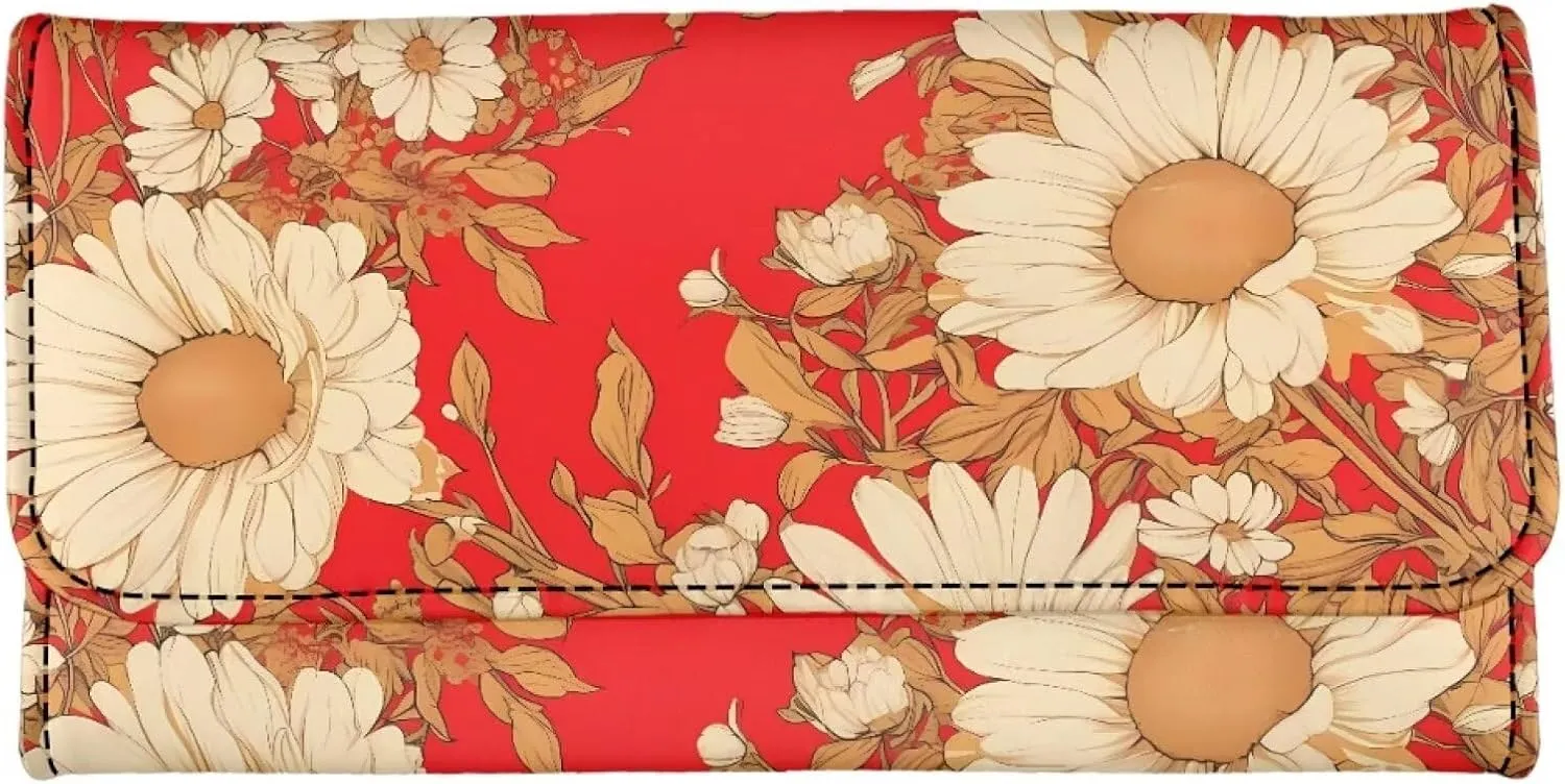 Retro White Daisy Wallet for Women Snap Closure Red Long Trifold Handbag, Countryside Style Painting Flower PU Leather Clutch Wallets with Card holders