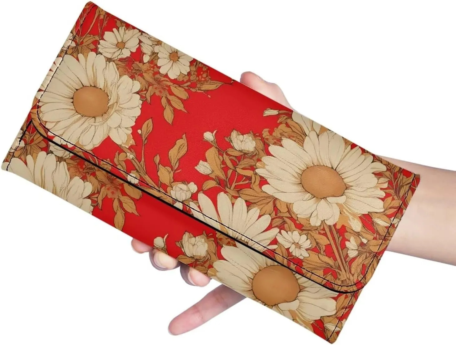 Retro White Daisy Wallet for Women Snap Closure Red Long Trifold Handbag, Countryside Style Painting Flower PU Leather Clutch Wallets with Card holders