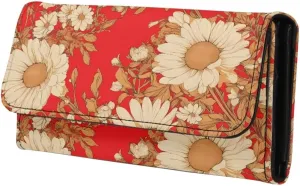 Retro White Daisy Wallet for Women Snap Closure Red Long Trifold Handbag, Countryside Style Painting Flower PU Leather Clutch Wallets with Card holders