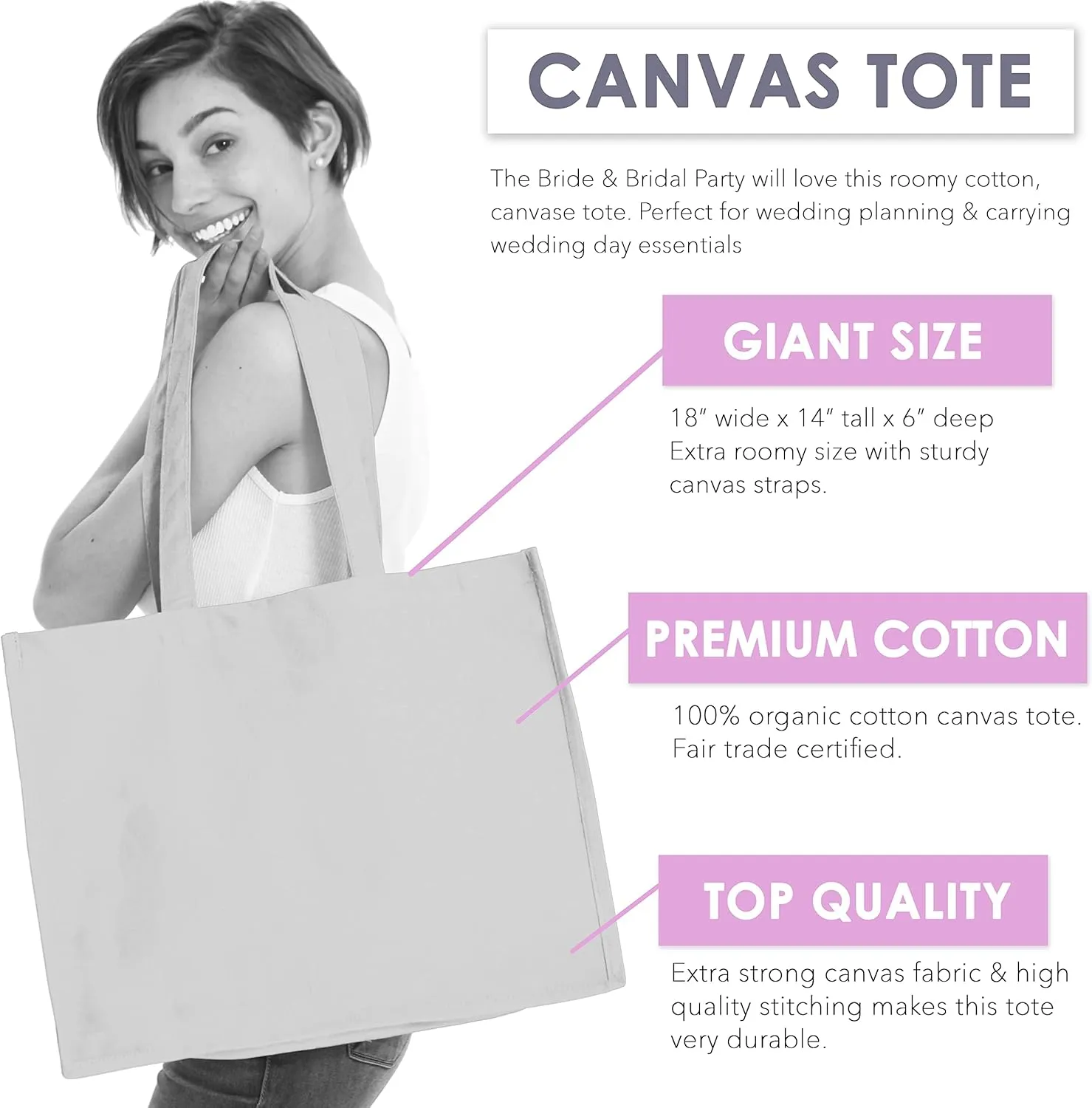 RhinestoneSash Bride Tote Bag - JUMBO SIZE 18" x 14" XL Cotton Canvas Wedding Totes - Engagement and Bridal Shower Gifts