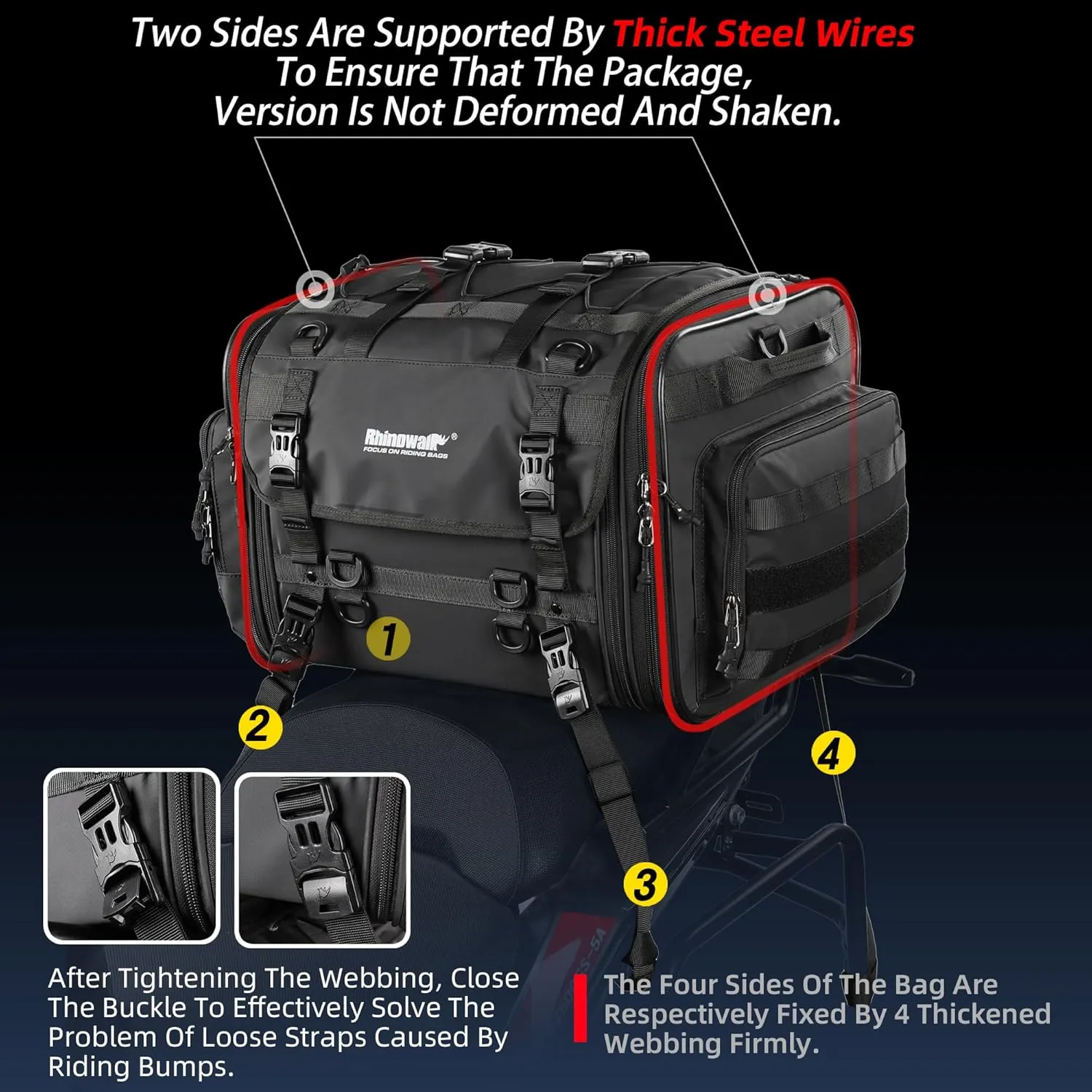 Rhinowalk Motorcycle Tail Bag, Expandable Motorcycle Travel Luggage Bags 80L, Waterproof All-Weather Trunk Rack Bag with Sissy Bar Straps & Helmet Rain Cover – Black