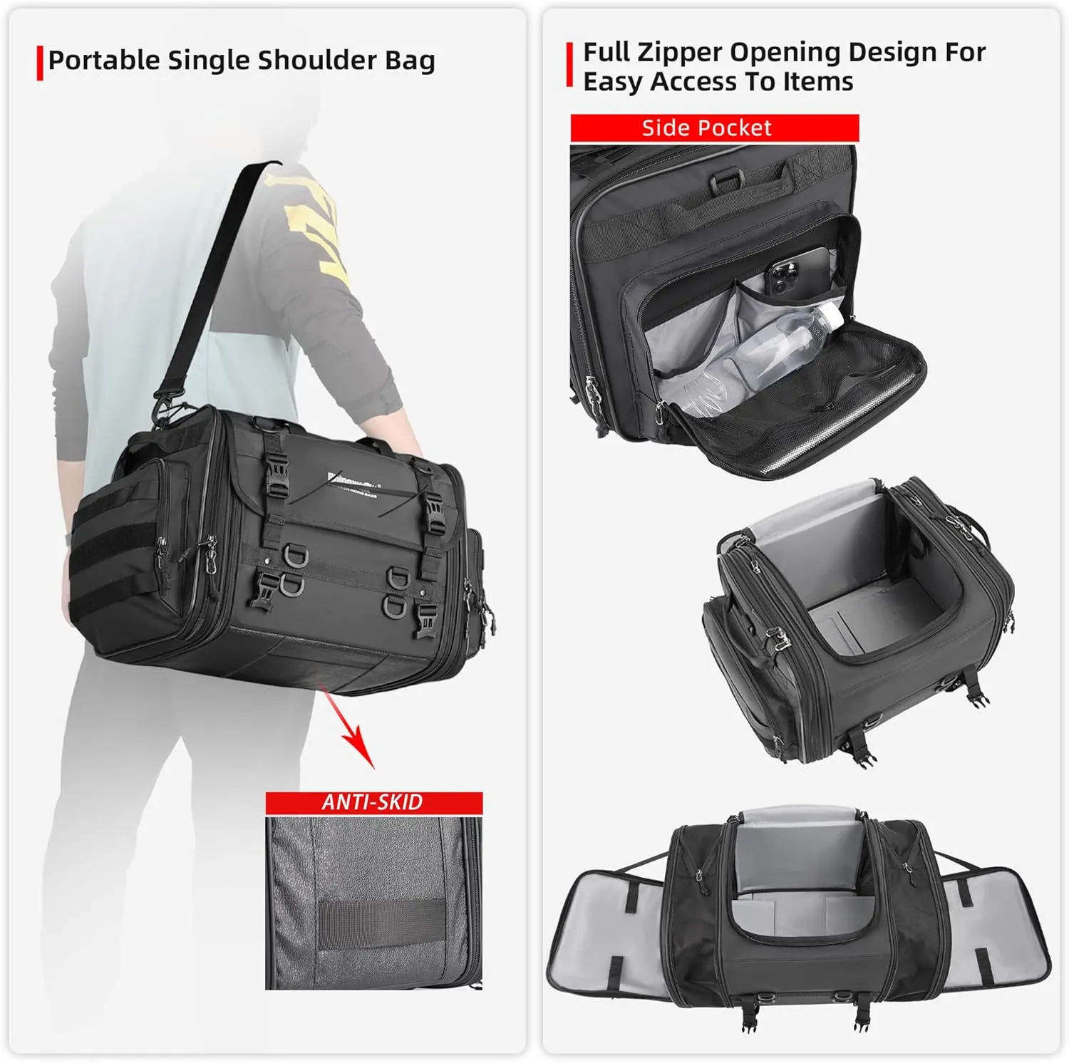 Rhinowalk Motorcycle Tail Bag, Expandable Motorcycle Travel Luggage Bags 80L, Waterproof All-Weather Trunk Rack Bag with Sissy Bar Straps & Helmet Rain Cover – Black