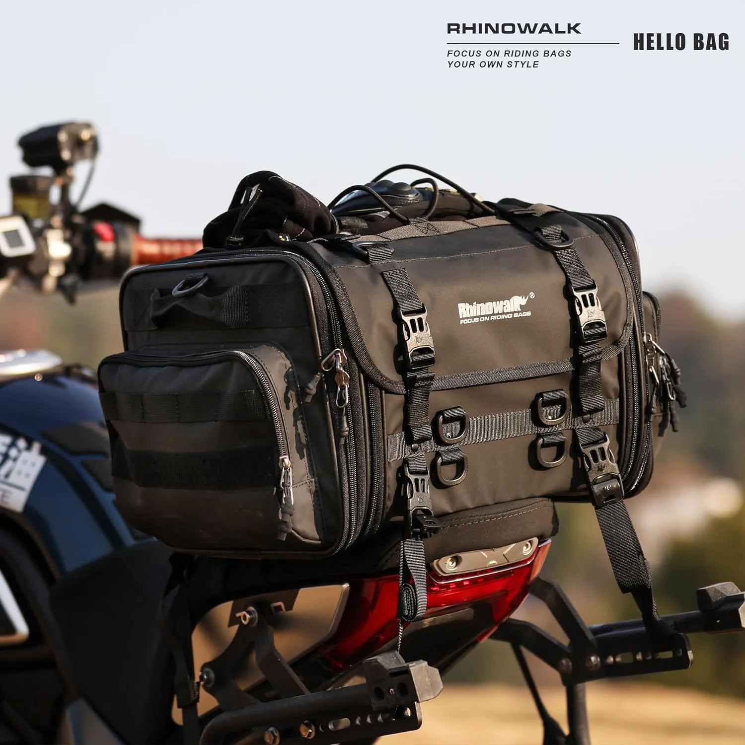Rhinowalk Motorcycle Tail Bag, Expandable Motorcycle Travel Luggage Bags 80L, Waterproof All-Weather Trunk Rack Bag with Sissy Bar Straps & Helmet Rain Cover – Black
