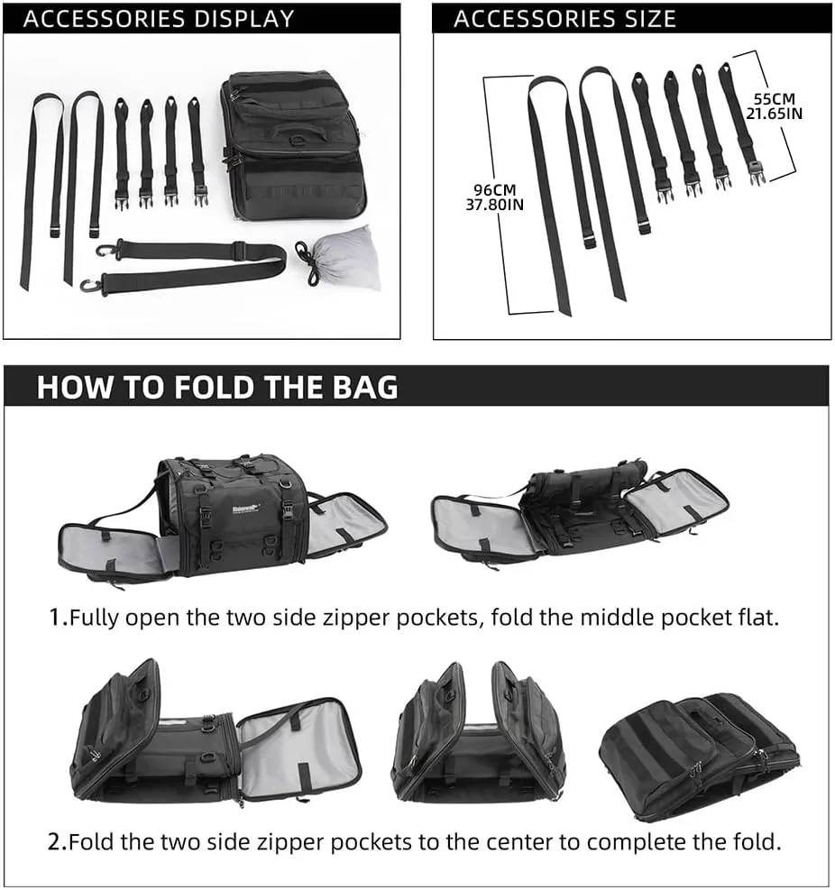 Rhinowalk Motorcycle Tail Bag, Expandable Motorcycle Travel Luggage Bags 80L, Waterproof All-Weather Trunk Rack Bag with Sissy Bar Straps & Helmet Rain Cover – Black