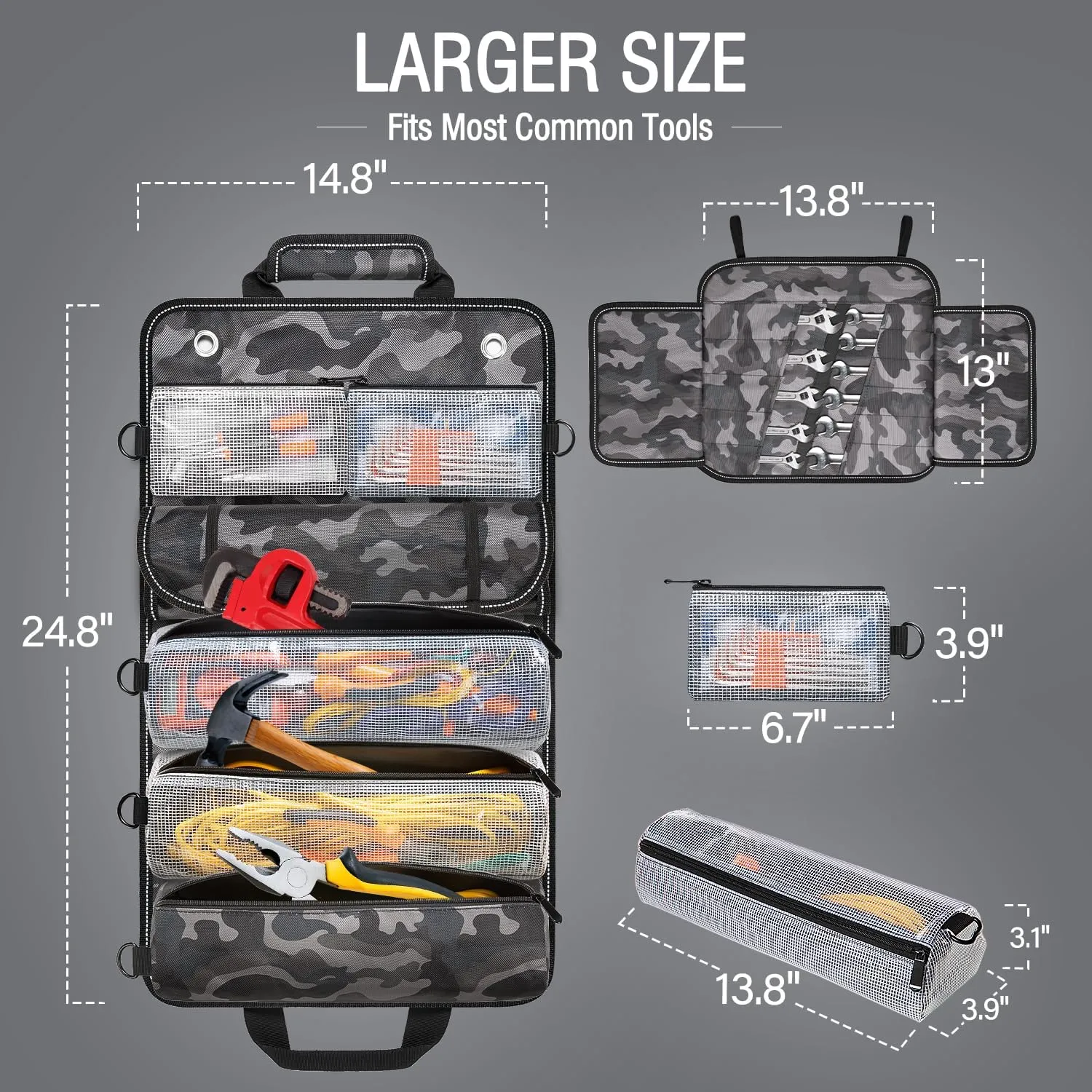 Roll Up Tool Bag Tool Organizer Bag Roll Tool Bag with Small Detachable Tool Pouch and Wrench Roll Organizer, Gifts for Men, Mechanic, Electrician, Camouflage Blue