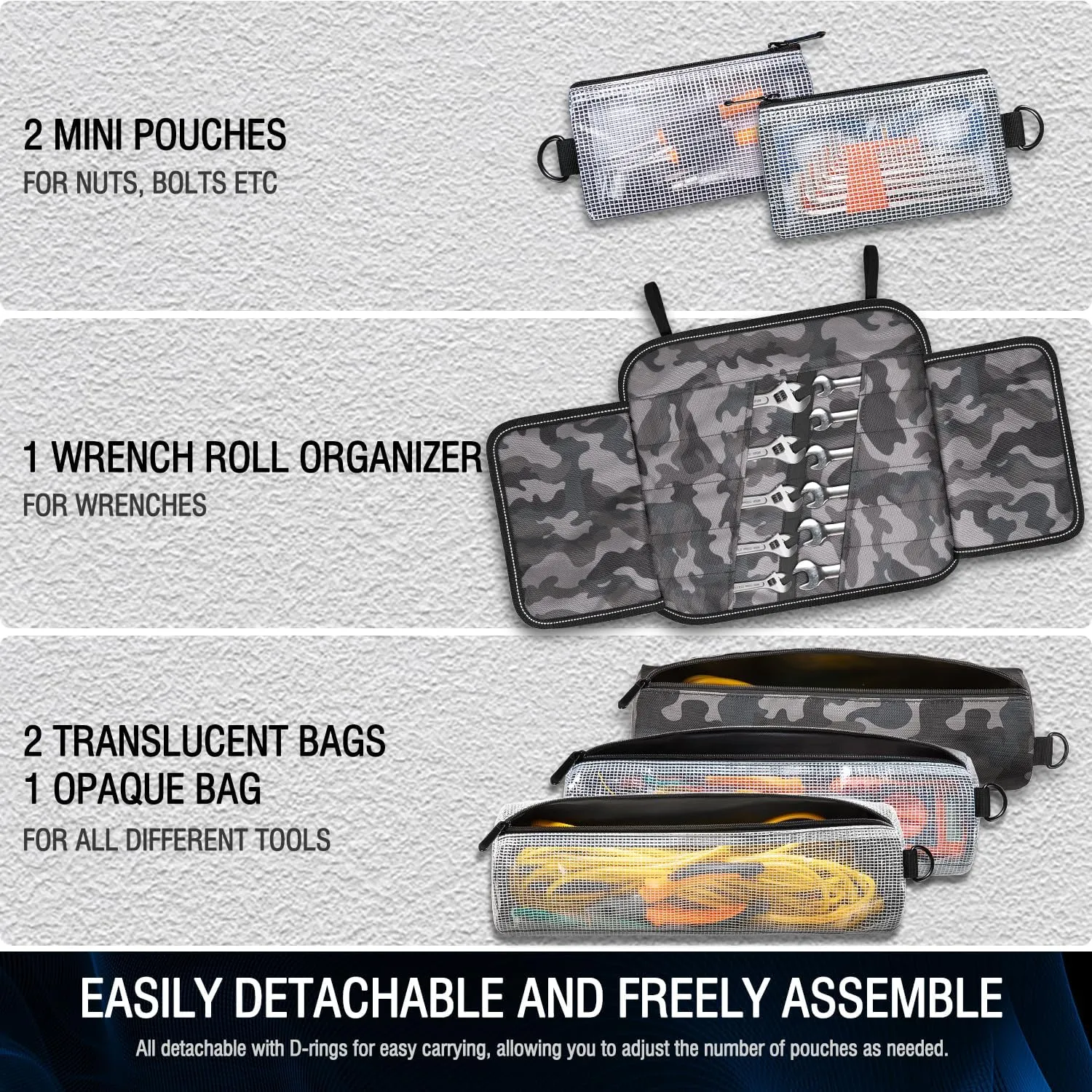 Roll Up Tool Bag Tool Organizer Bag Roll Tool Bag with Small Detachable Tool Pouch and Wrench Roll Organizer, Gifts for Men, Mechanic, Electrician, Camouflage Blue