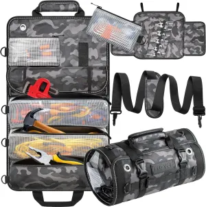 Roll Up Tool Bag Tool Organizer Bag Roll Tool Bag with Small Detachable Tool Pouch and Wrench Roll Organizer, Gifts for Men, Mechanic, Electrician, Camouflage Blue