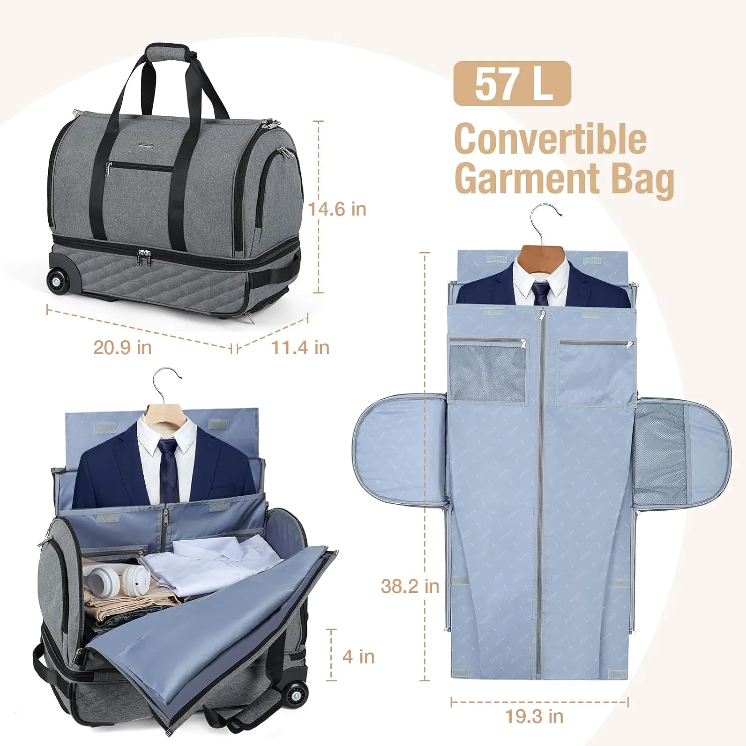 Rolling Garment Bag for Travel - Convertible Duffel Bag with Wheels & Shoes Compartment, Carry on Suit Luggage Bag (Grey)