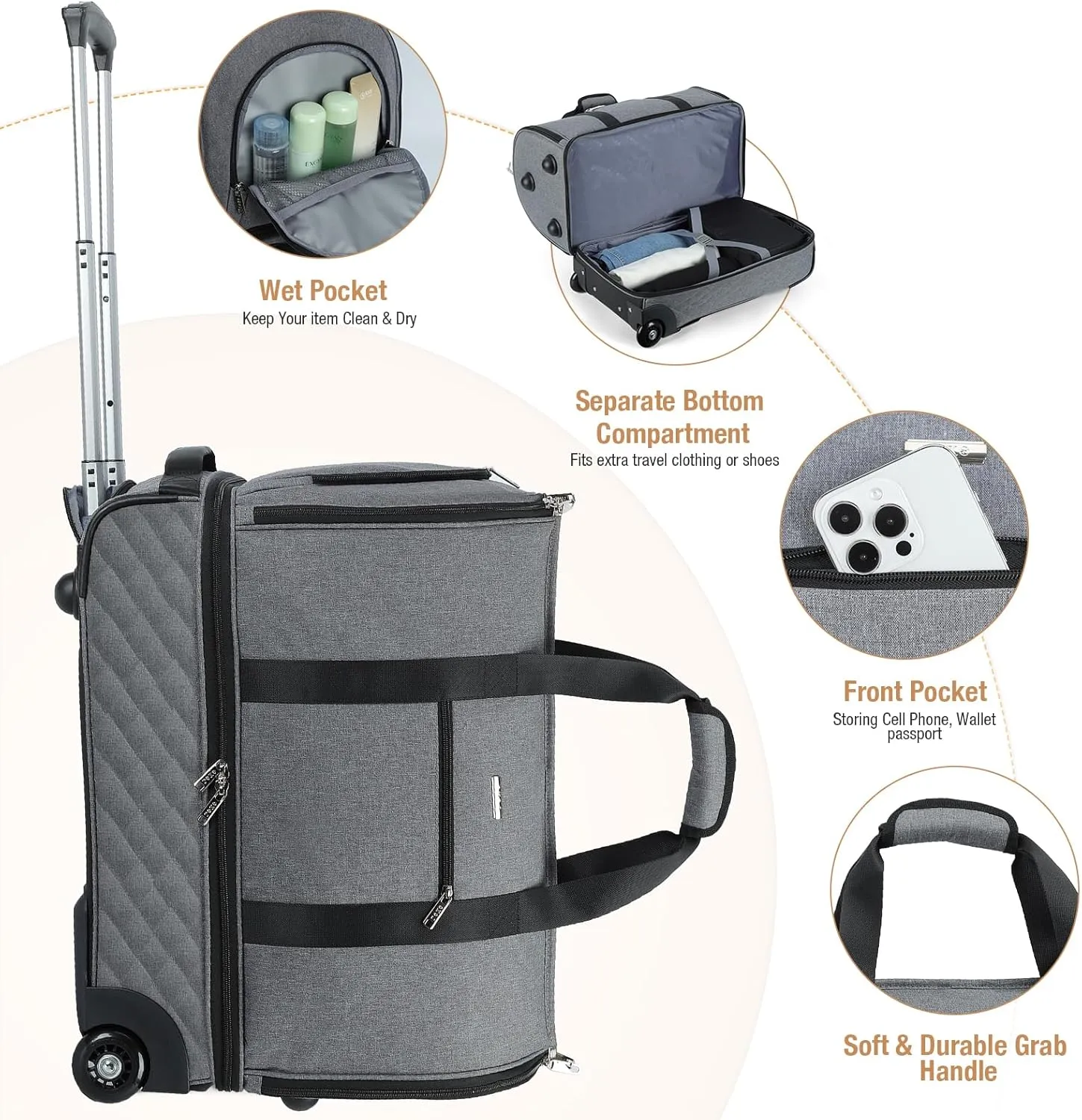 Rolling Garment Bag for Travel - Convertible Duffel Bag with Wheels & Shoes Compartment, Carry on Suit Luggage Bag (Grey)