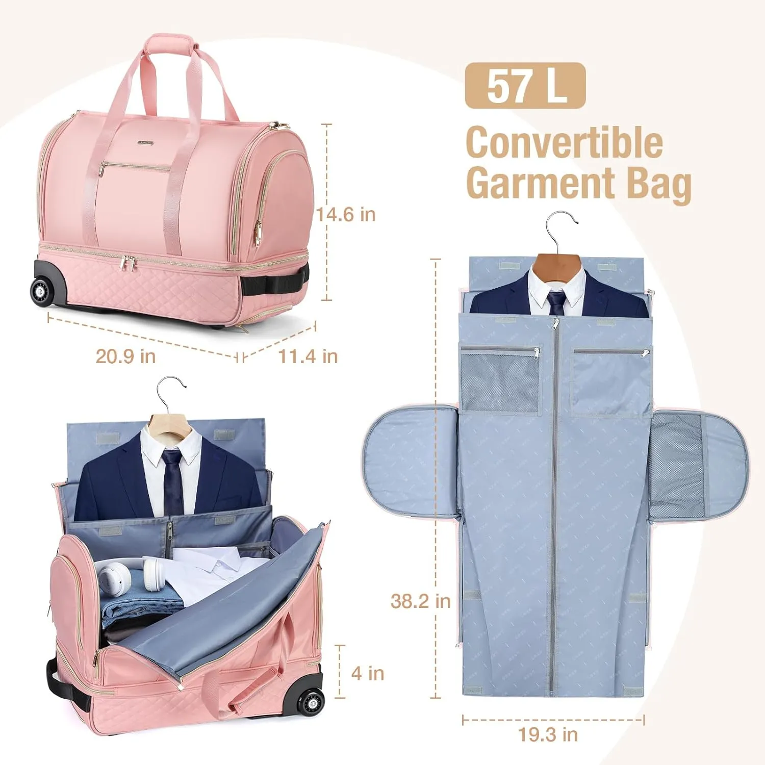 Rolling Garment Bag for Travel - Convertible Duffel Bag with Wheels & Shoes Compartment, Carry on Suit Luggage Bag (Pink)