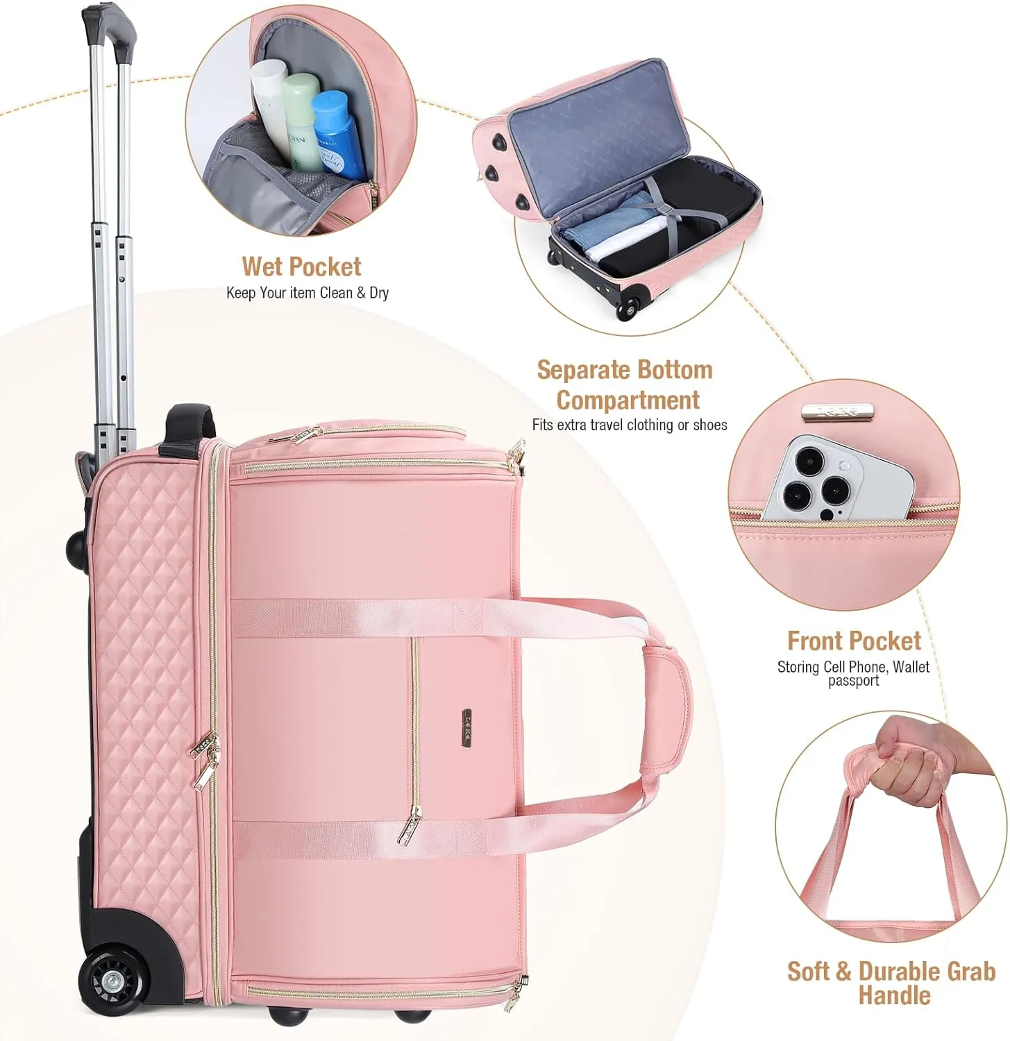Rolling Garment Bag for Travel - Convertible Duffel Bag with Wheels & Shoes Compartment, Carry on Suit Luggage Bag (Pink)