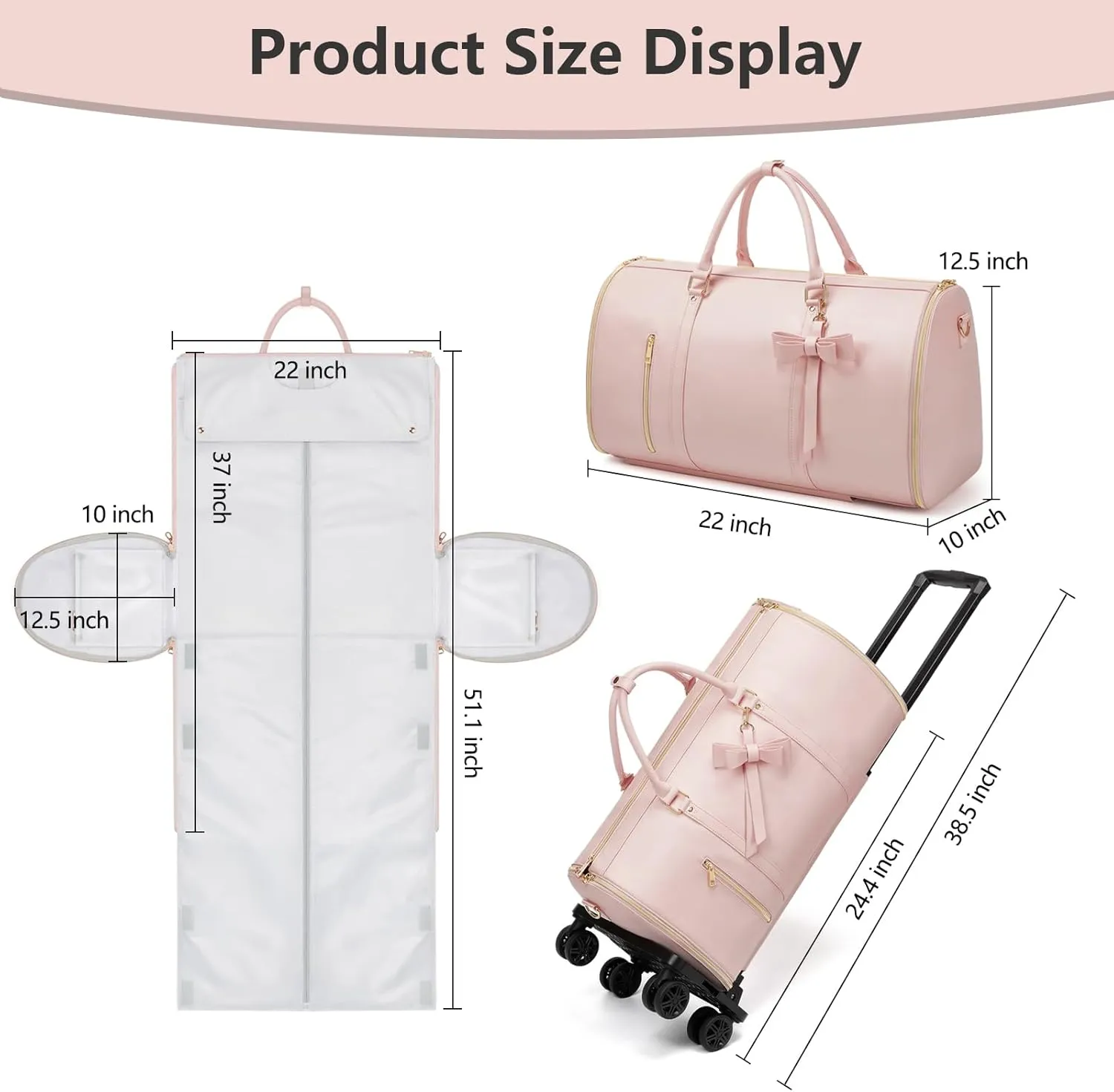 Rolling Garment Bags For Travel, Luxury Duffel Bag with Wheels,3-in-1 Suit Luggage Bag for Women Business Trip & Travel With Shoe Pouch, Foldable PU Leather Carry On Garment Bag, Pink