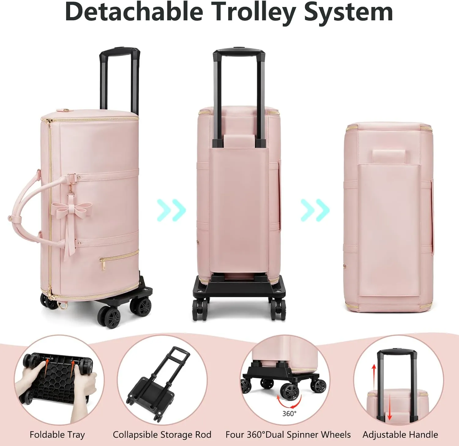 Rolling Garment Bags For Travel, Luxury Duffel Bag with Wheels,3-in-1 Suit Luggage Bag for Women Business Trip & Travel With Shoe Pouch, Foldable PU Leather Carry On Garment Bag, Pink